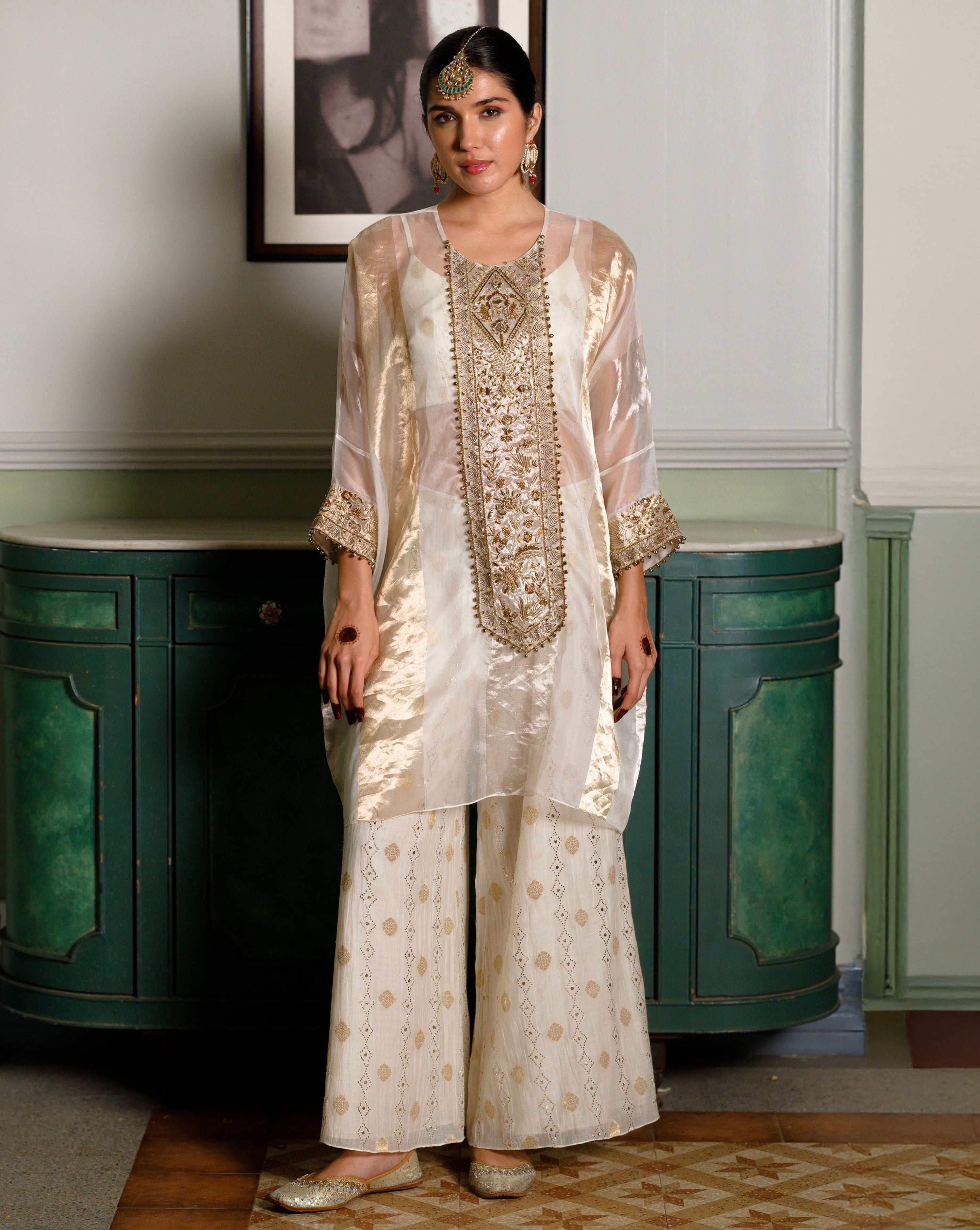 Parhez Gold Embroidered Tunic With Bustier And Palazzo