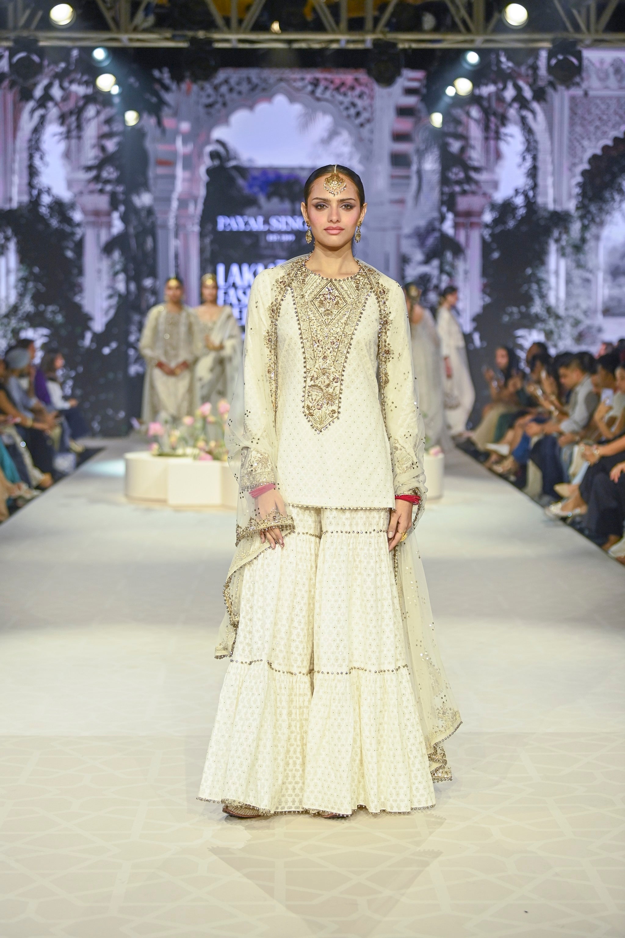 Shama Off White Embroidered Kurta With Frilled Sharara And Dupatta