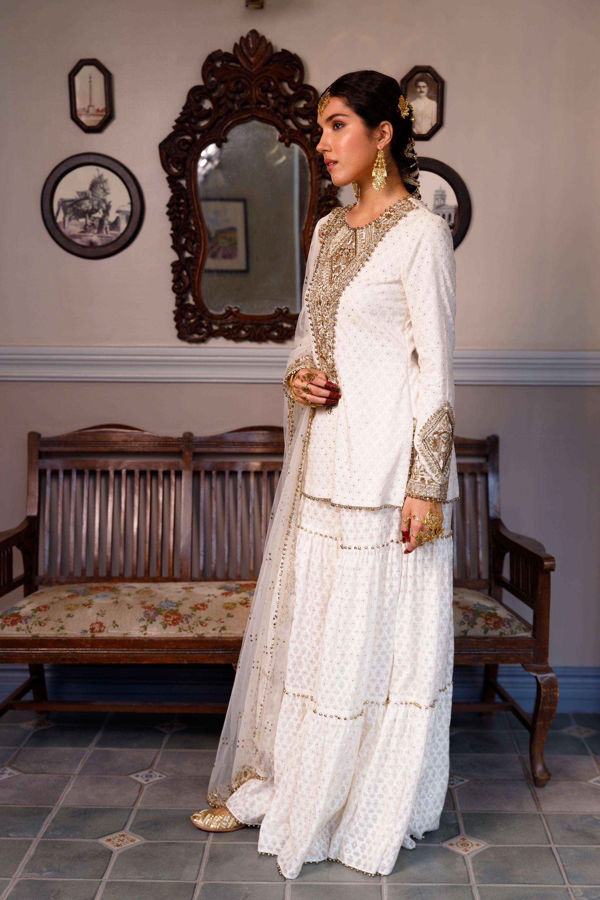 Shama Off White Embroidered Kurta With Frilled Sharara And Dupatta