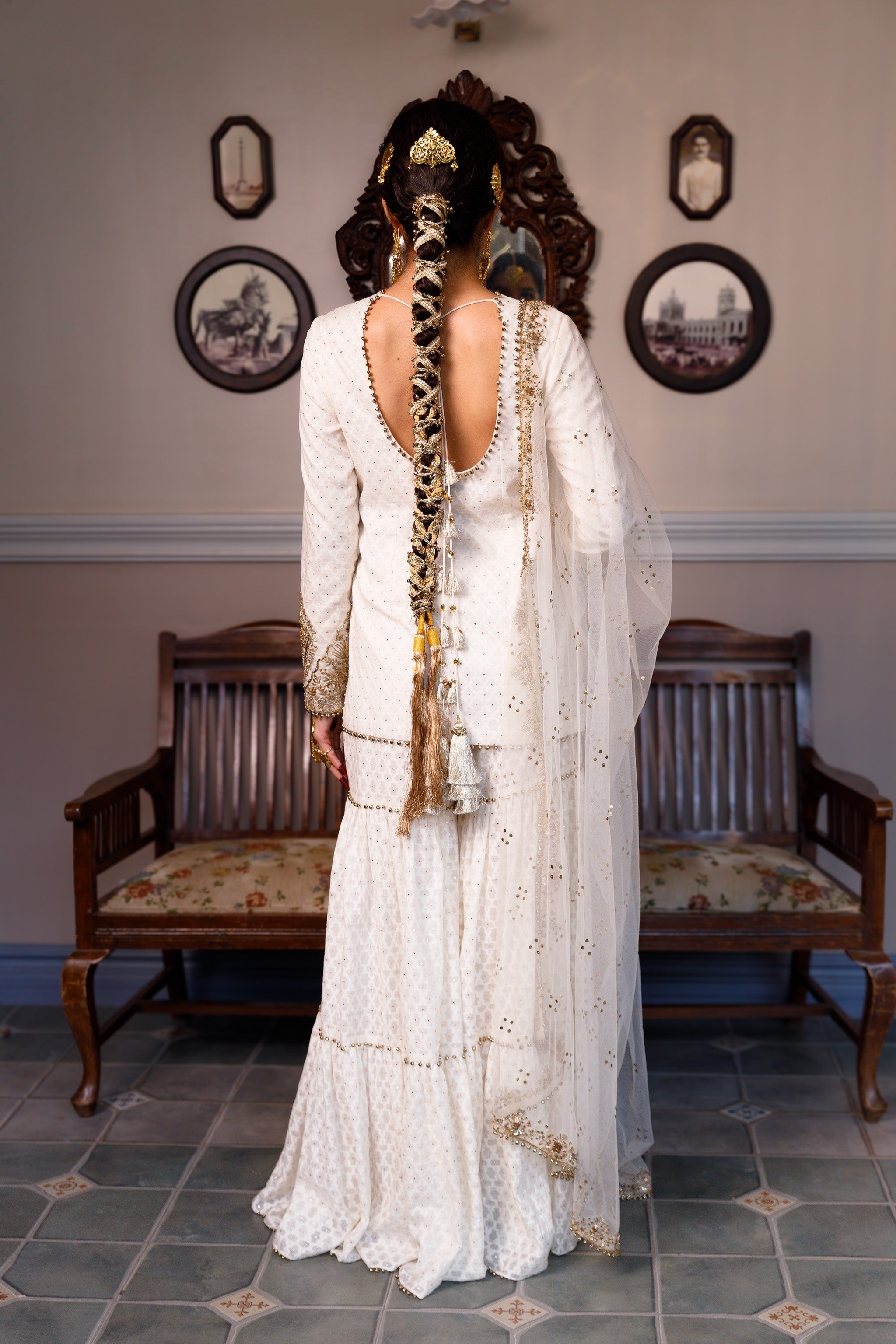 Shama Off White Embroidered Kurta With Frilled Sharara And Dupatta