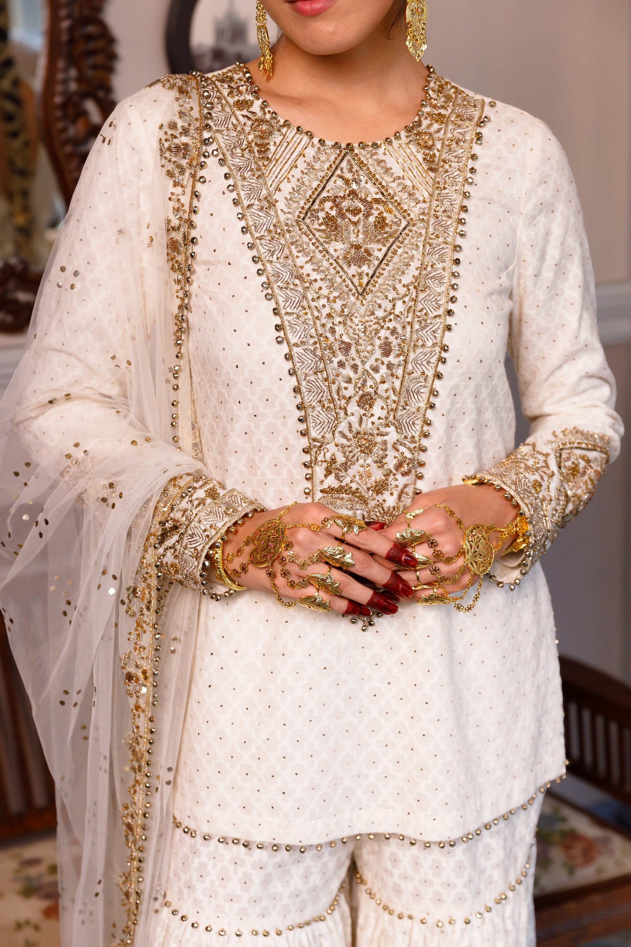 Shama Off White Embroidered Kurta With Frilled Sharara And Dupatta