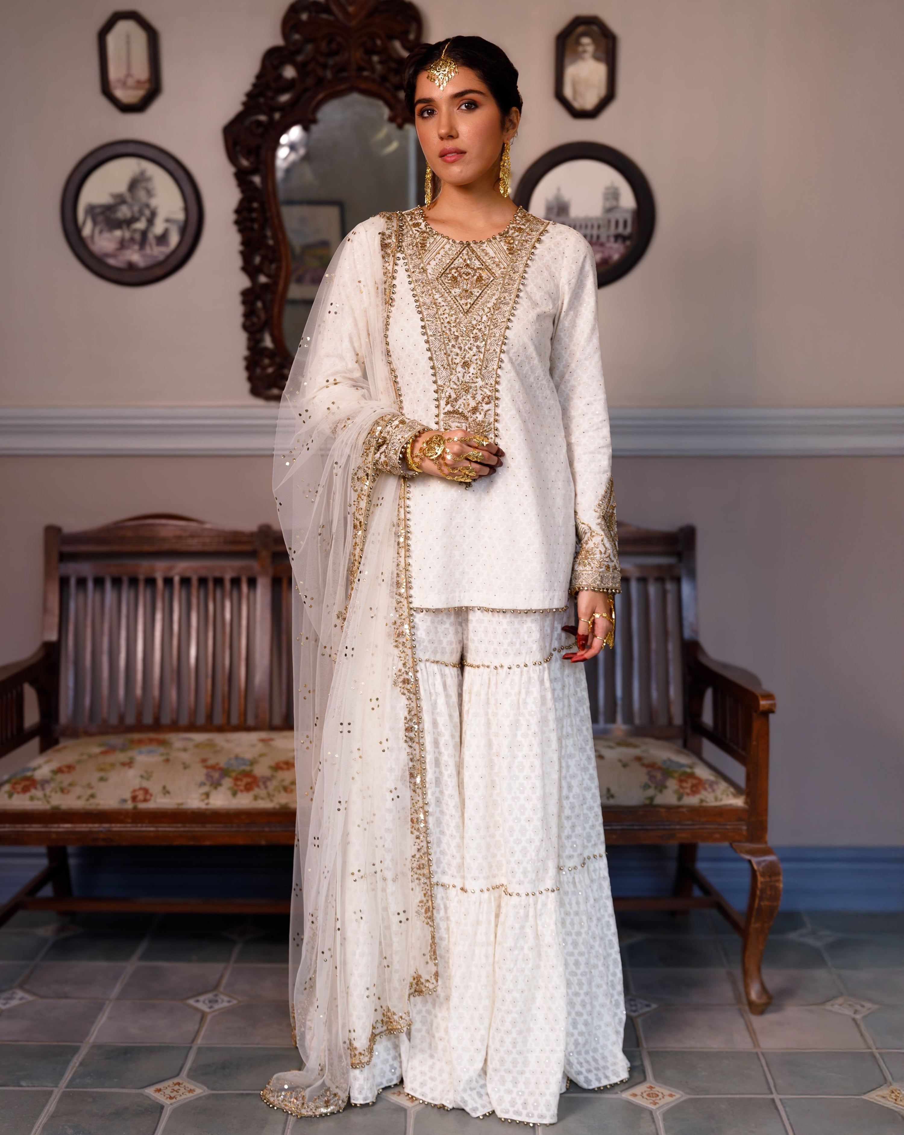 Shama Off White Embroidered Kurta With Frilled Sharara And Dupatta