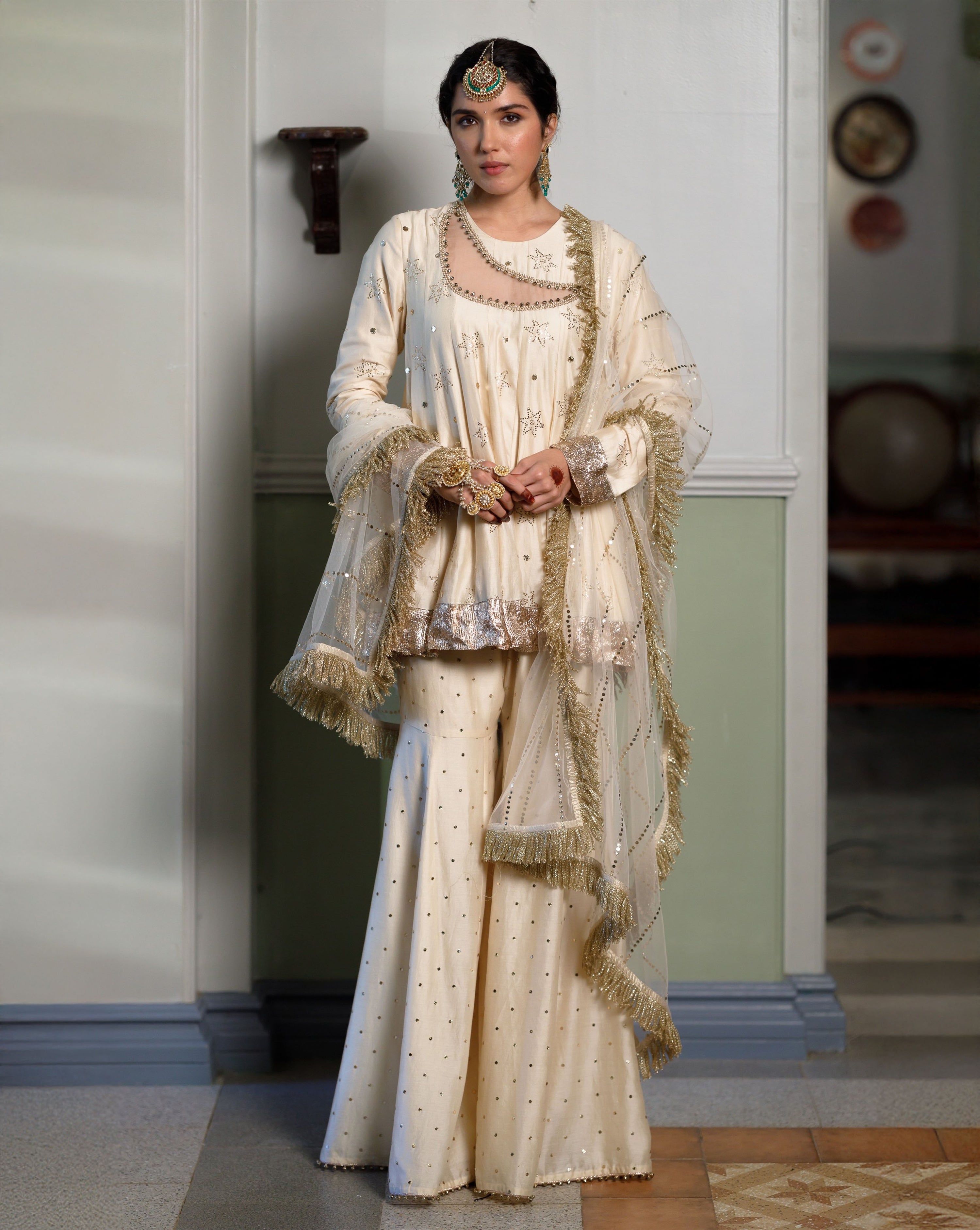 Afreen Stone Mukaish Silkmul Embroidered Kurta And Heavy Mukaish Silkmul Sharara With Mukaish Net Dupatta