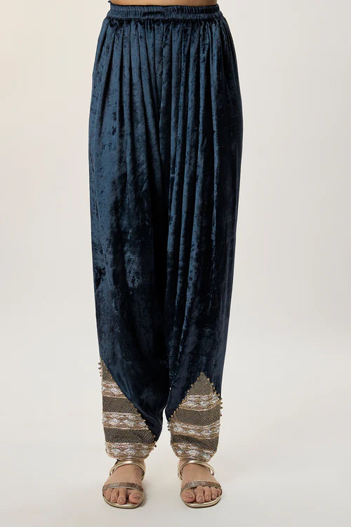 Elara Navy Blue Velvet Embroidered Kurta With Farshi Salwar And Mukaish Silkmul Dupatta