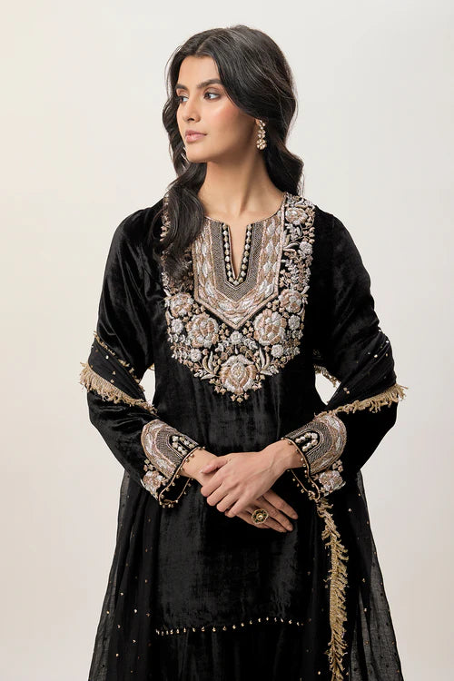 Ziba Black Velvet Embroidered Kurta With Farshi Salwar And Mukaish Silkmul Dupatta