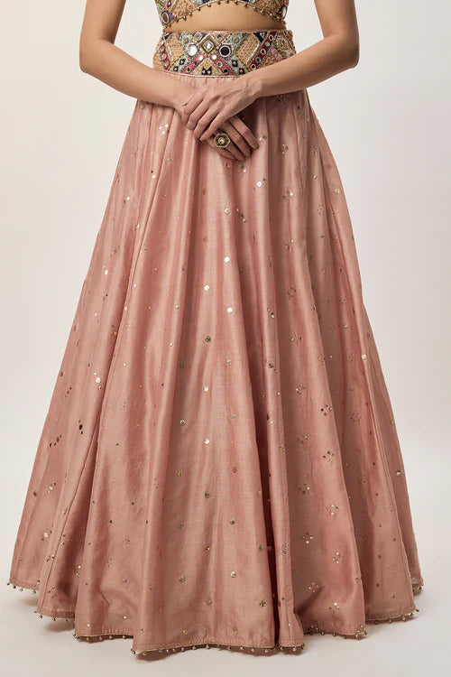 Mahnaz Peachy Pink Georgette Embroidered Choli With Lehenga And Mukaish Net Dupatta