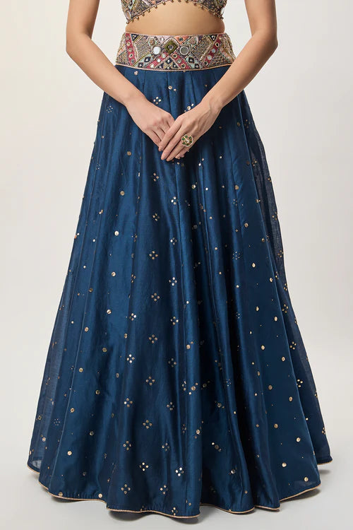 Mahnaz Navy Blue Georgette Embroidered Choli With Lehenga And Mukaish Net Dupatta
