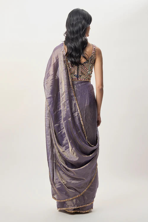 Niusha Purple Georgette Embroidered Choli And Pre-Stitched Tissue Saree