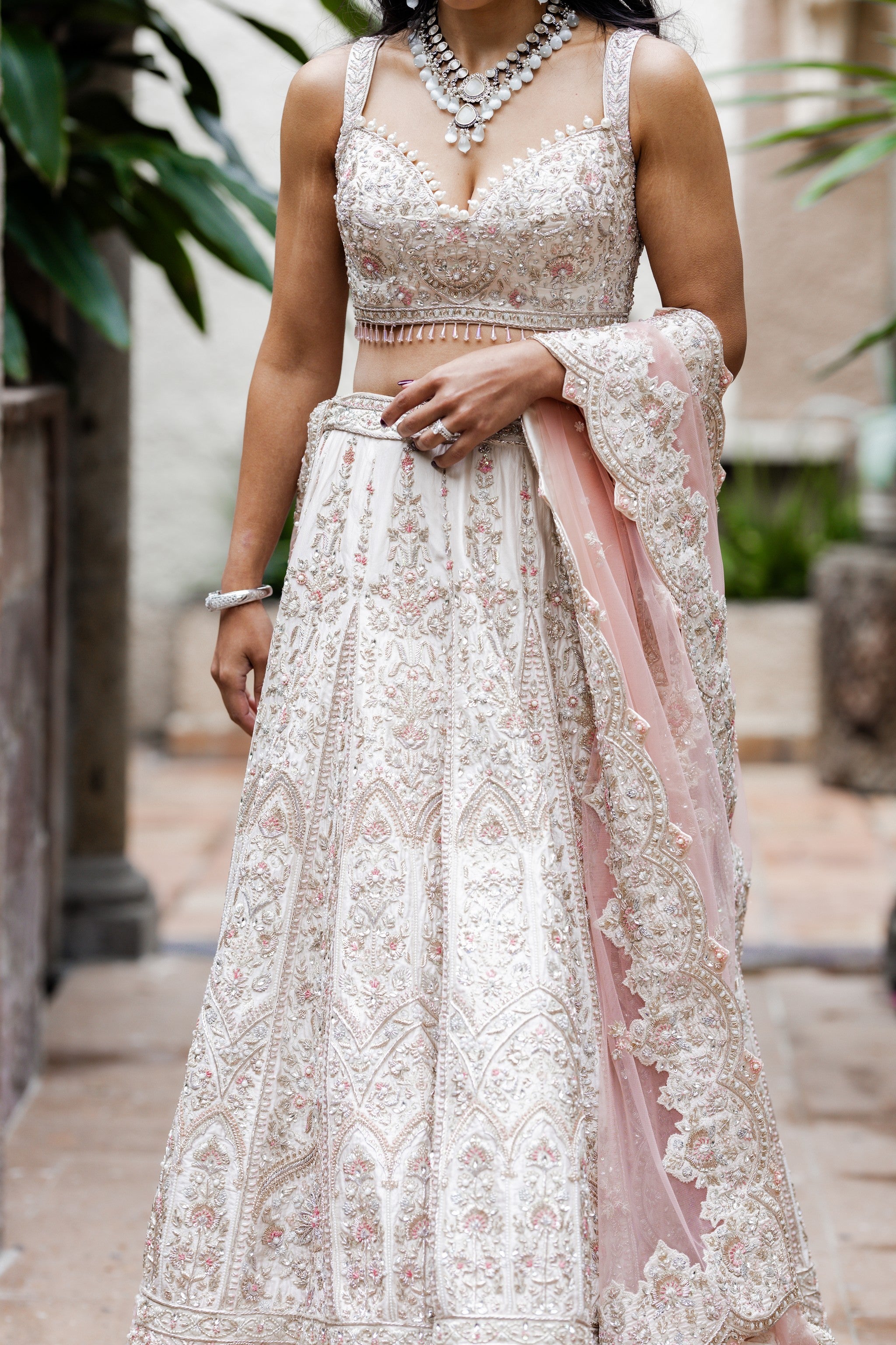 Nadia Ivory Lehenga with Pink Embroidery Nadia Ivory Lehenga with Pink Embroidery