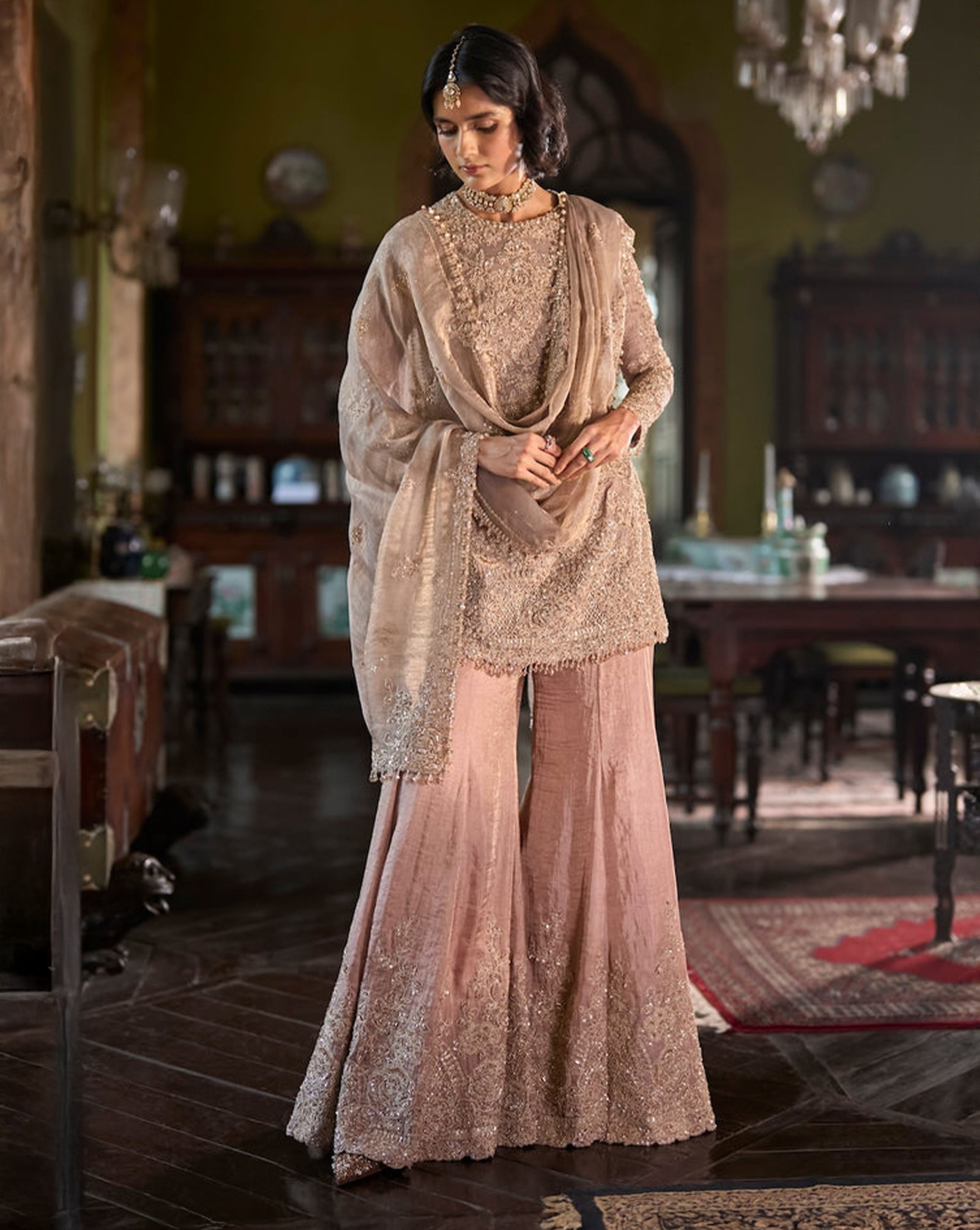 Peach Gold Sharara Set