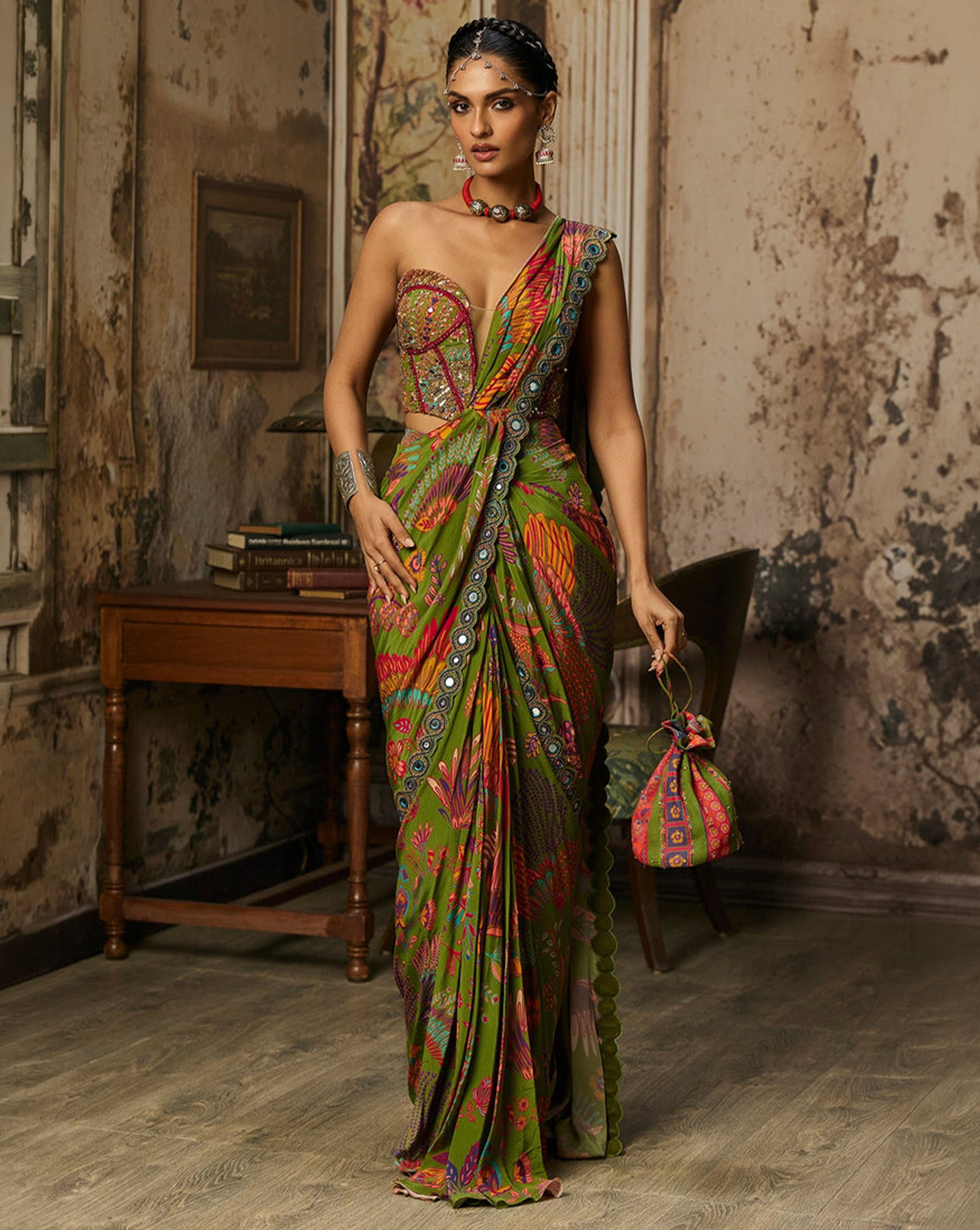 Pear Green Printed And Highlighted Dhoti Skirt Saree Set - Ready to Ship