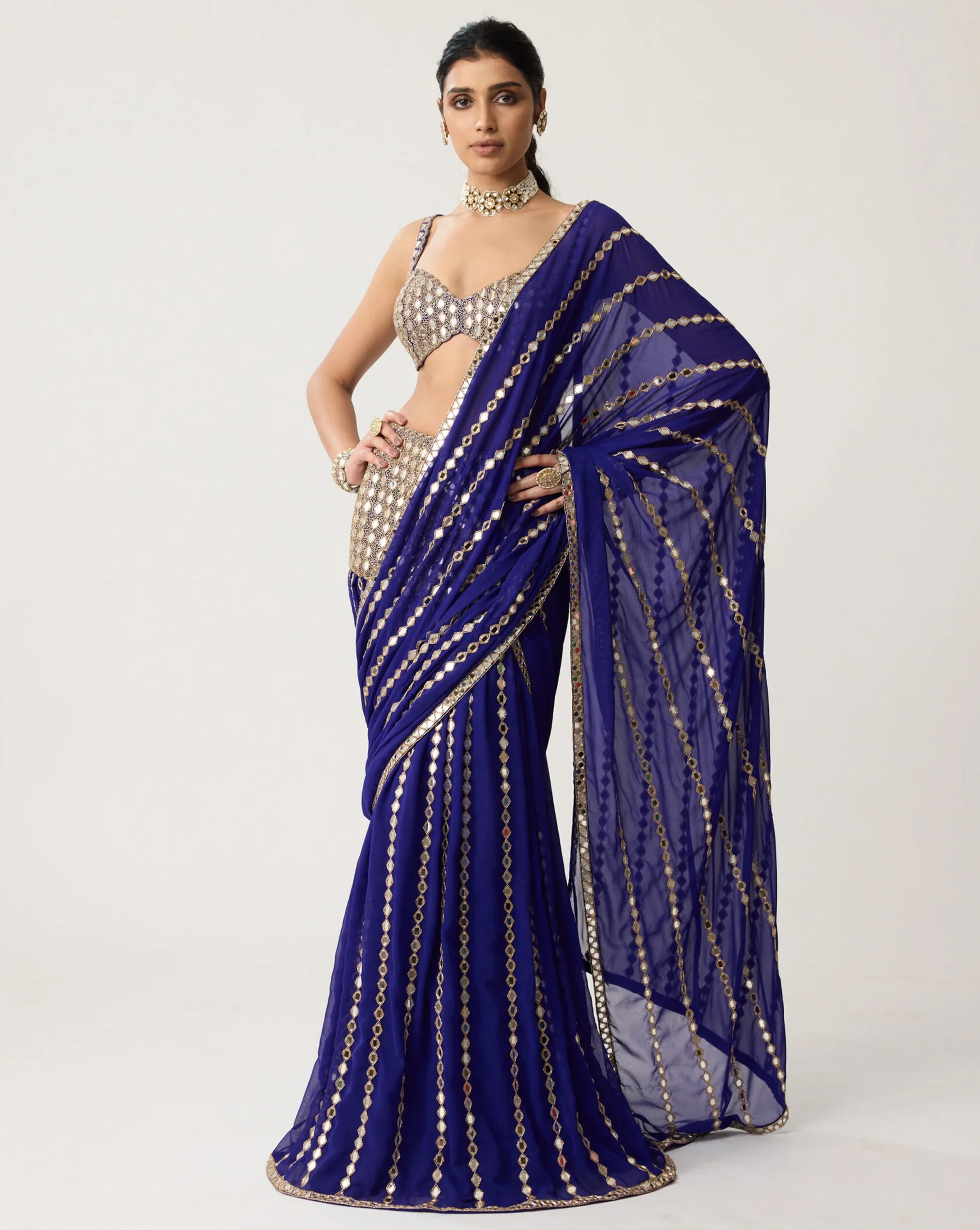 Persian Blue Fitted Linear Mirror Saree Set