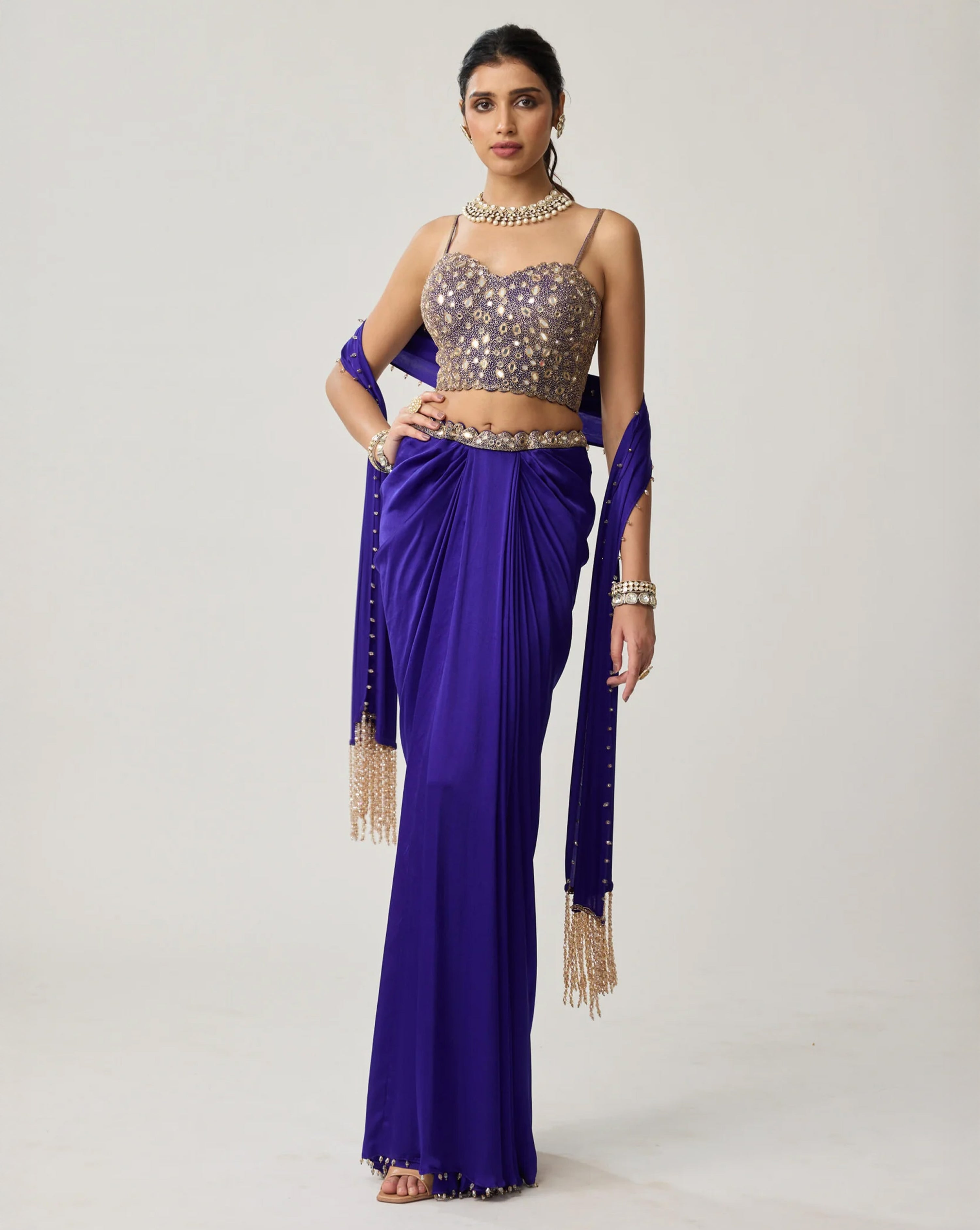 Persian Blue Mirror Corset Satin draped skirt Set