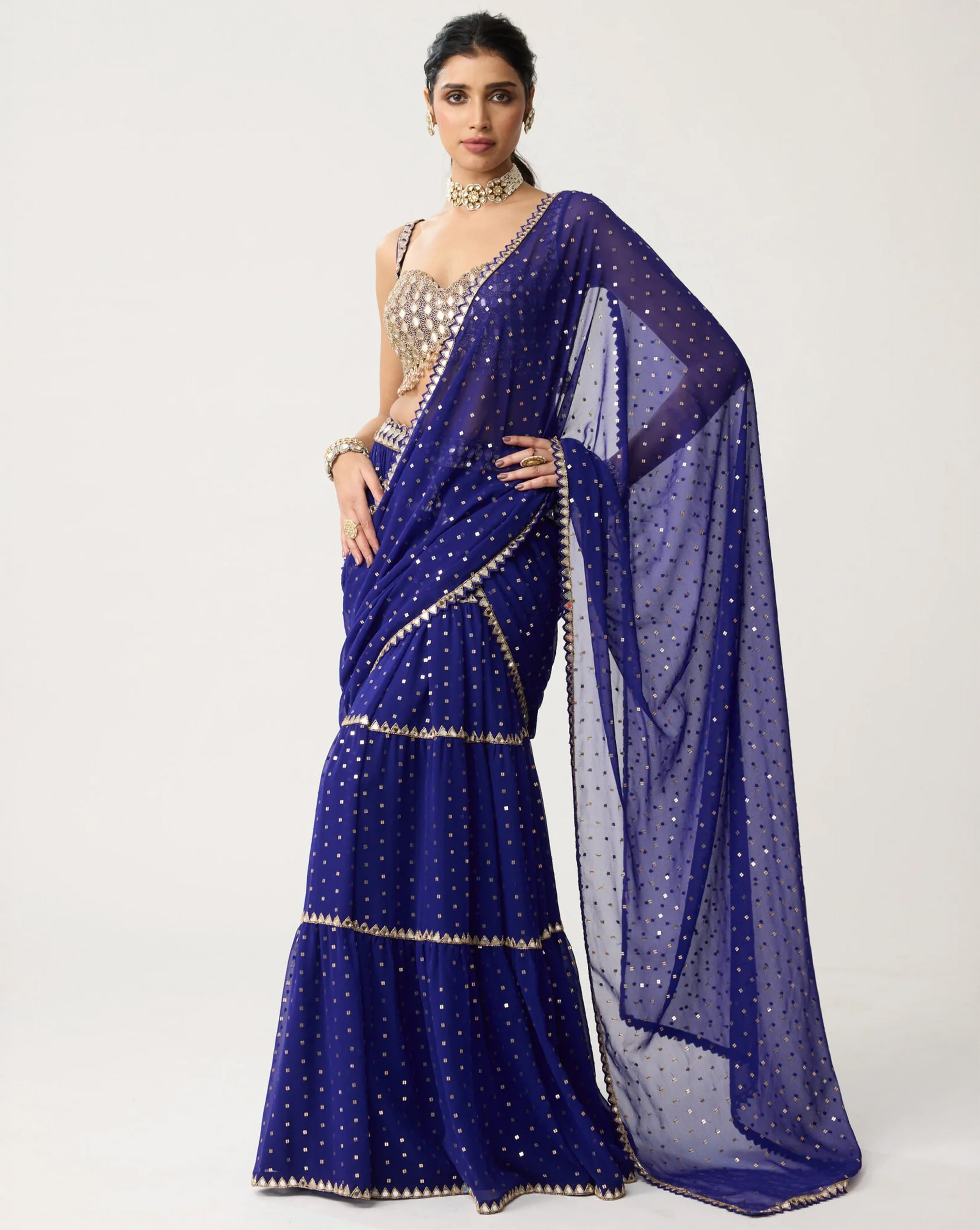 Persian Blue Multi-tier Mirror Saree Set