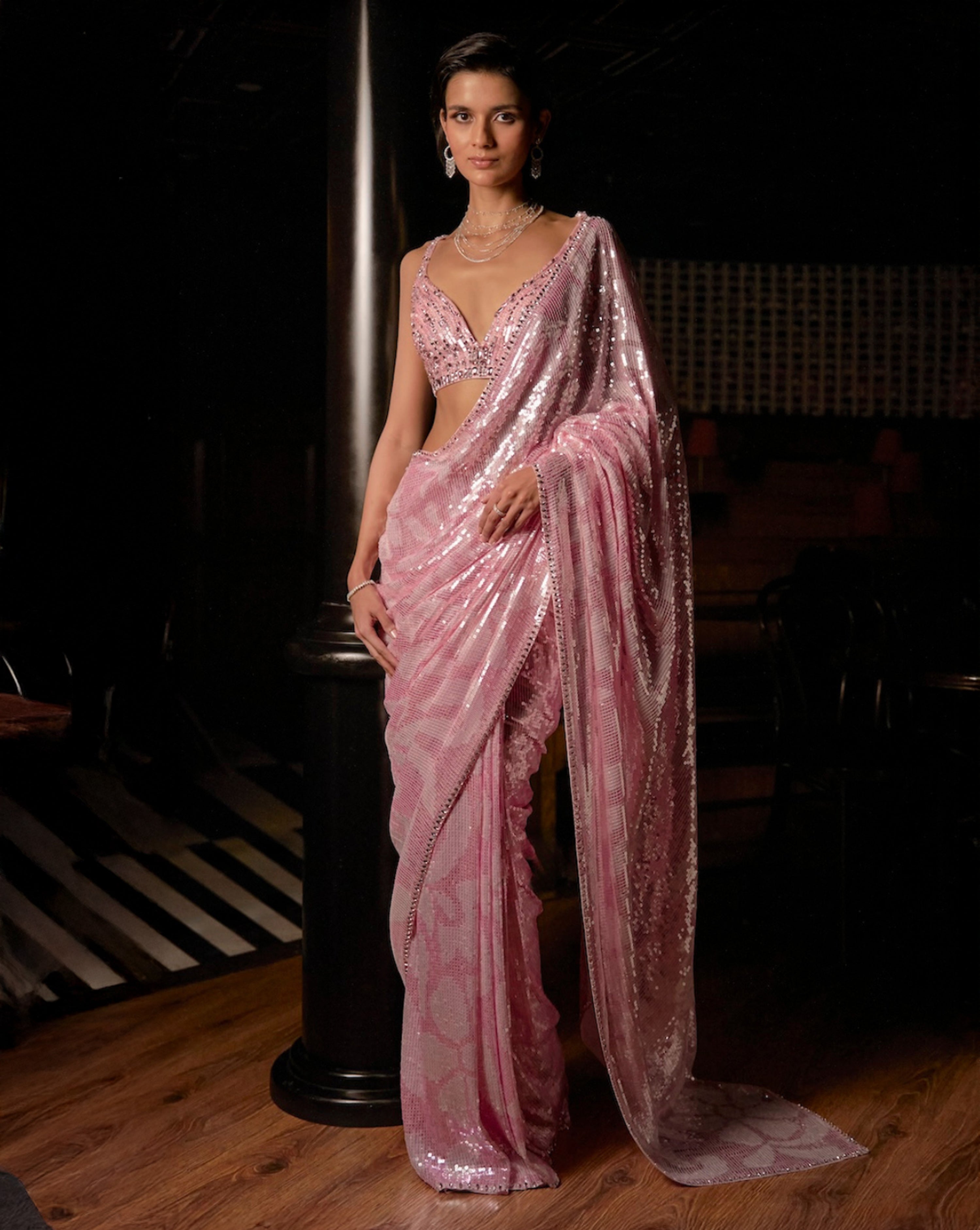 Pink Sequin Georgette Saree