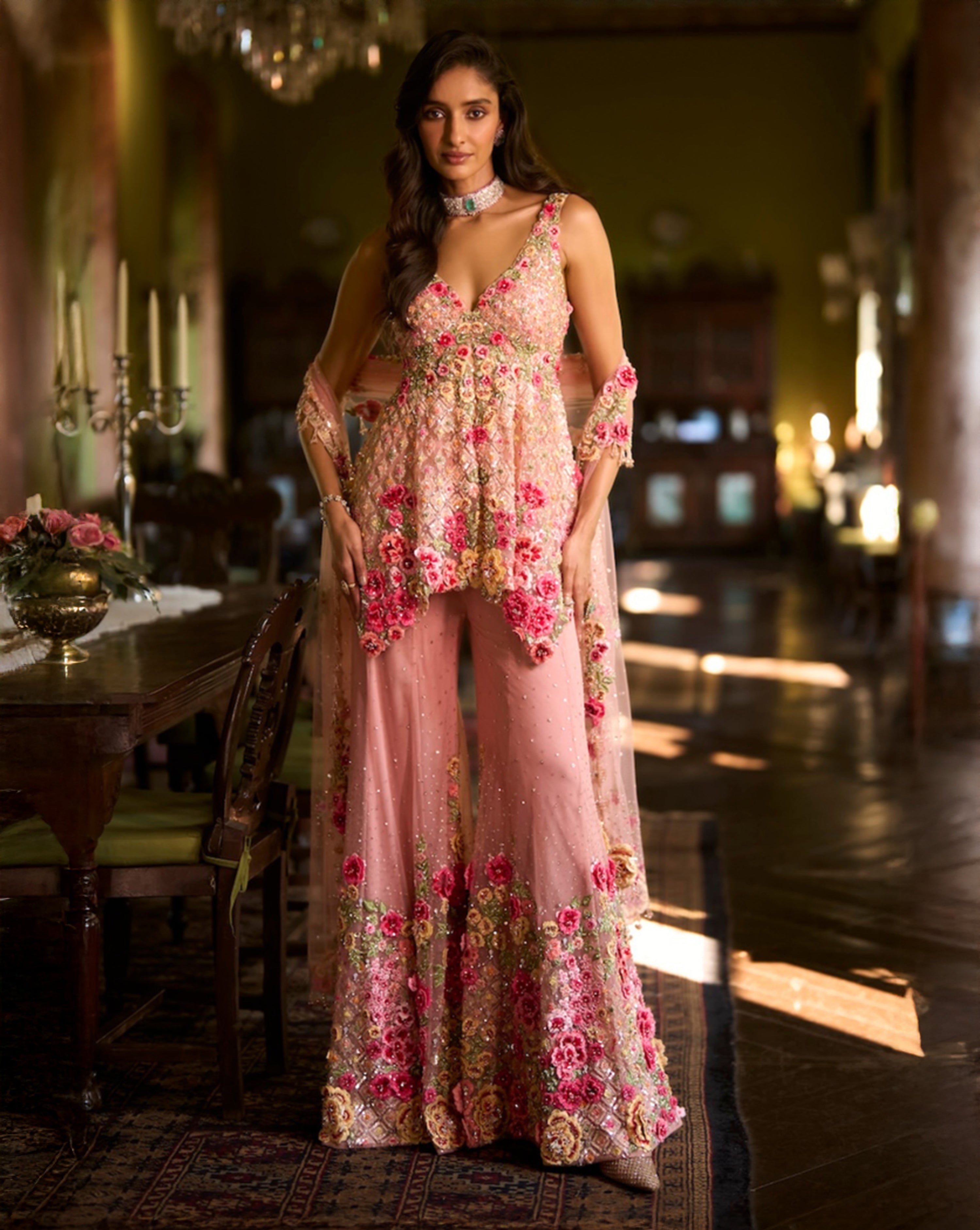 Pink Three-Dimensional Sharara Set