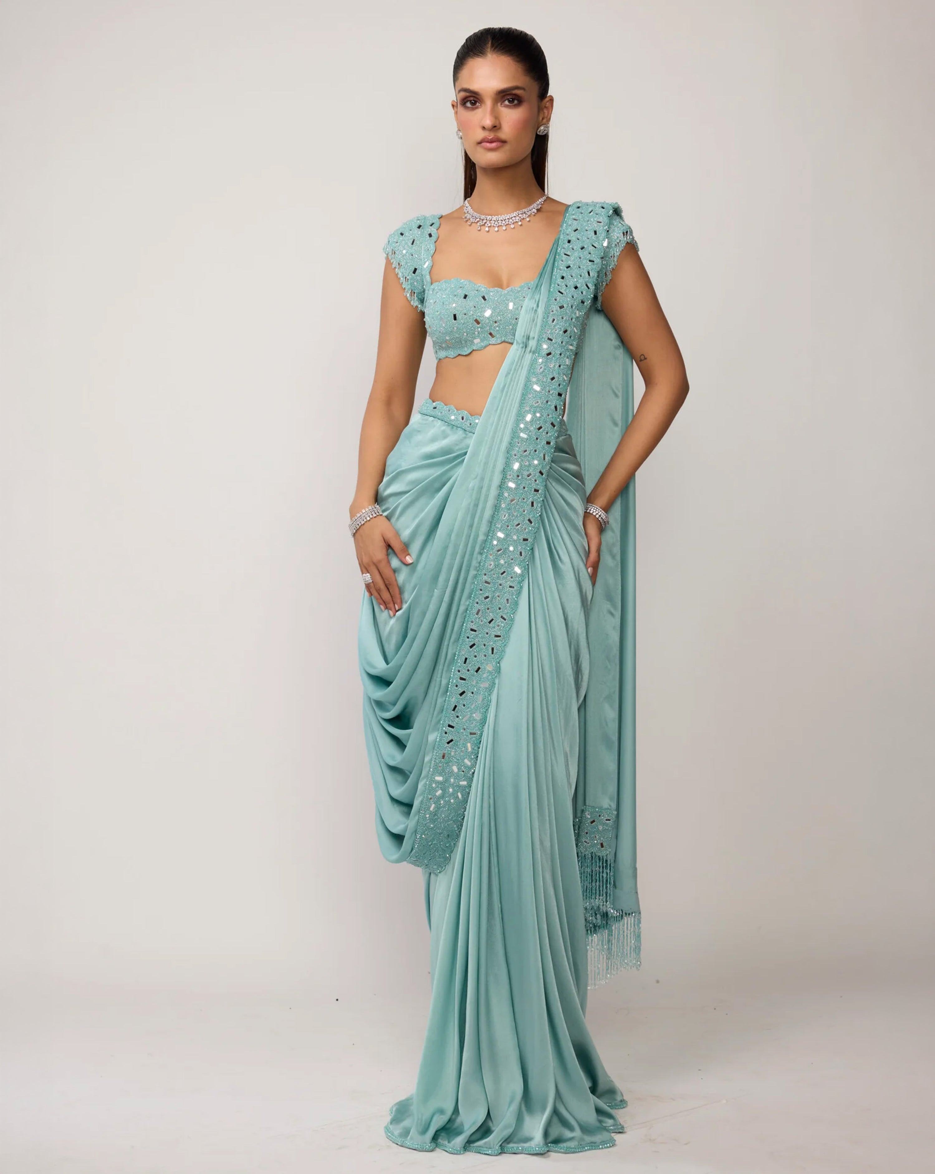 Powder Blue Draped Saree Set