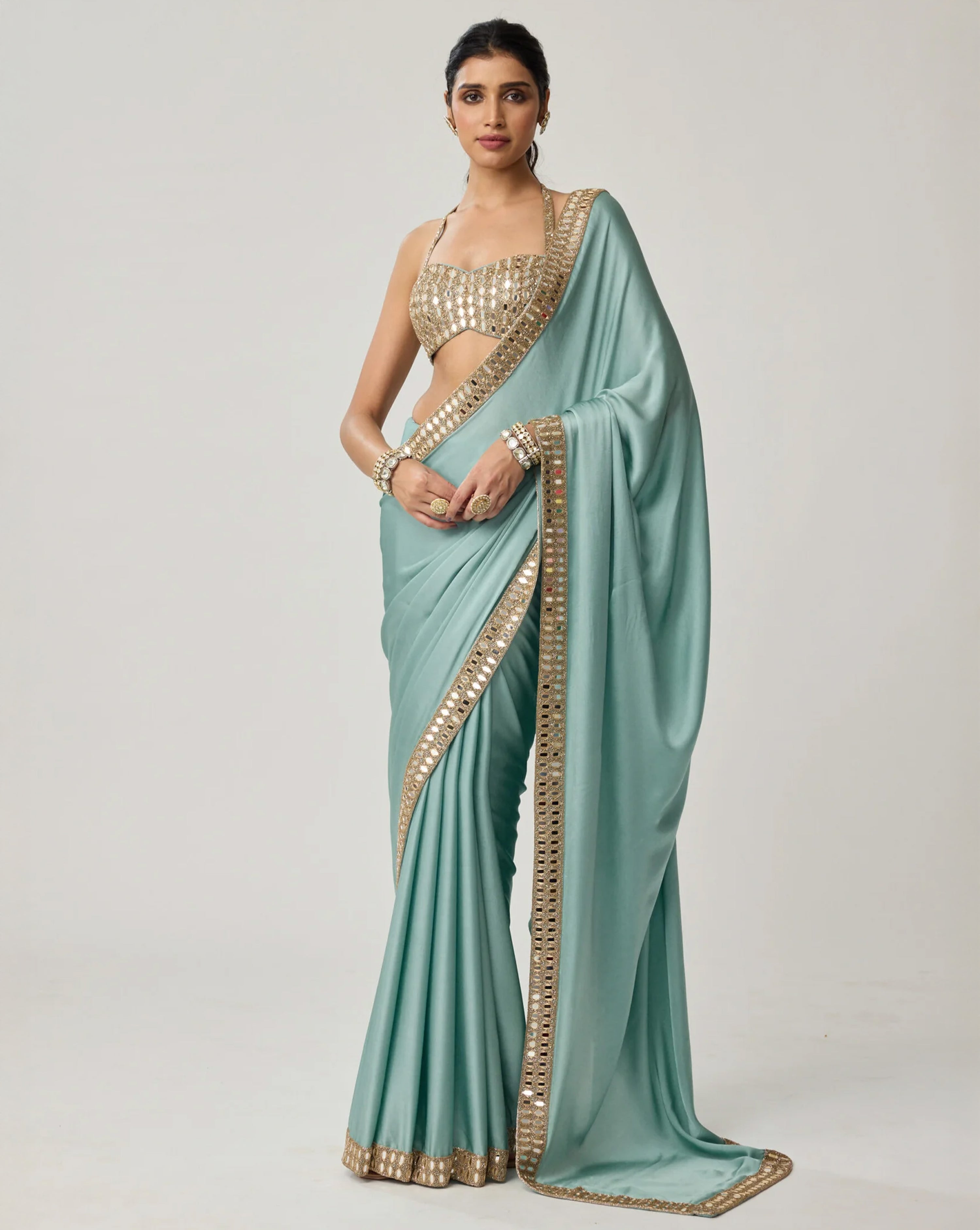 Powder Blue Mirror Satin Saree Set