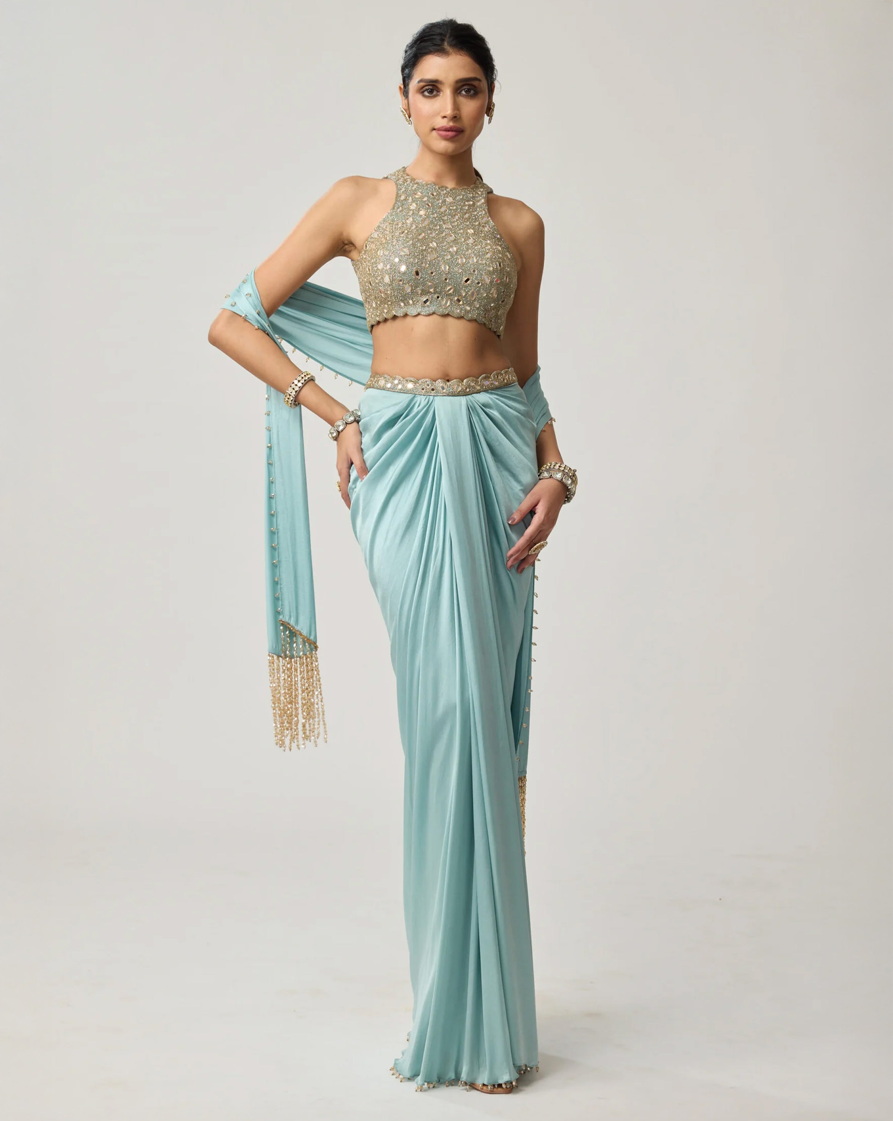 Powder Blue Mirror Satin Draped Skirt Set