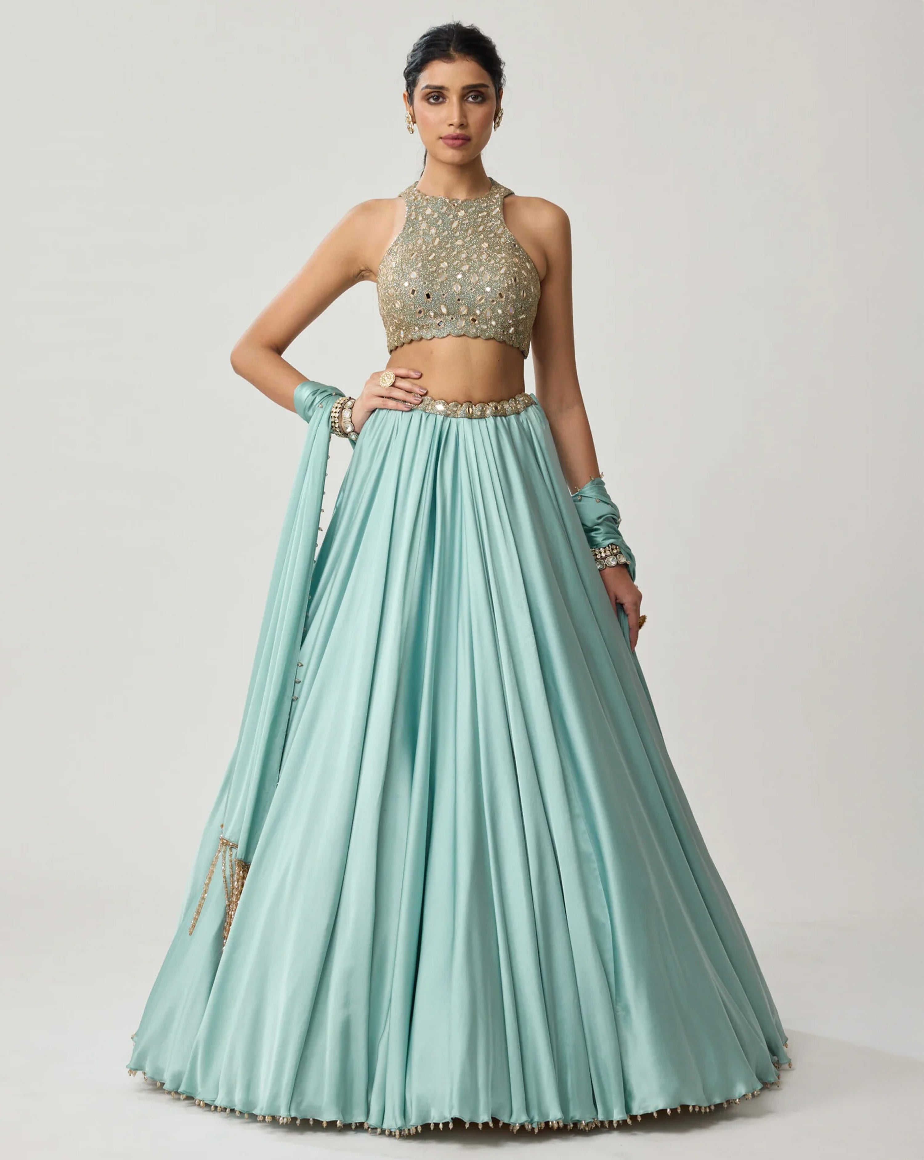Powder Blue Mirror Satin Skirt Set