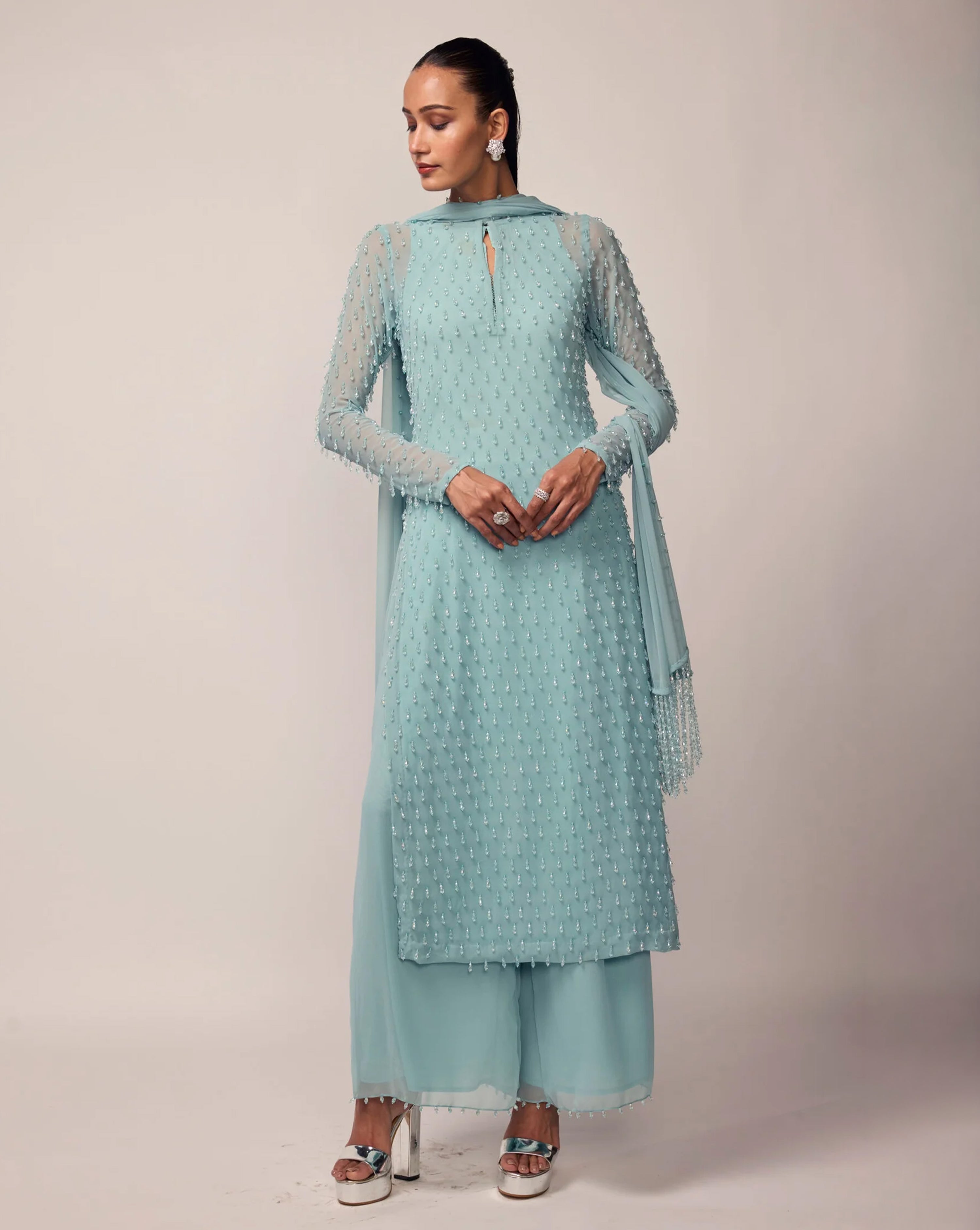 Powder Blue Pearl Drop Kurta Set