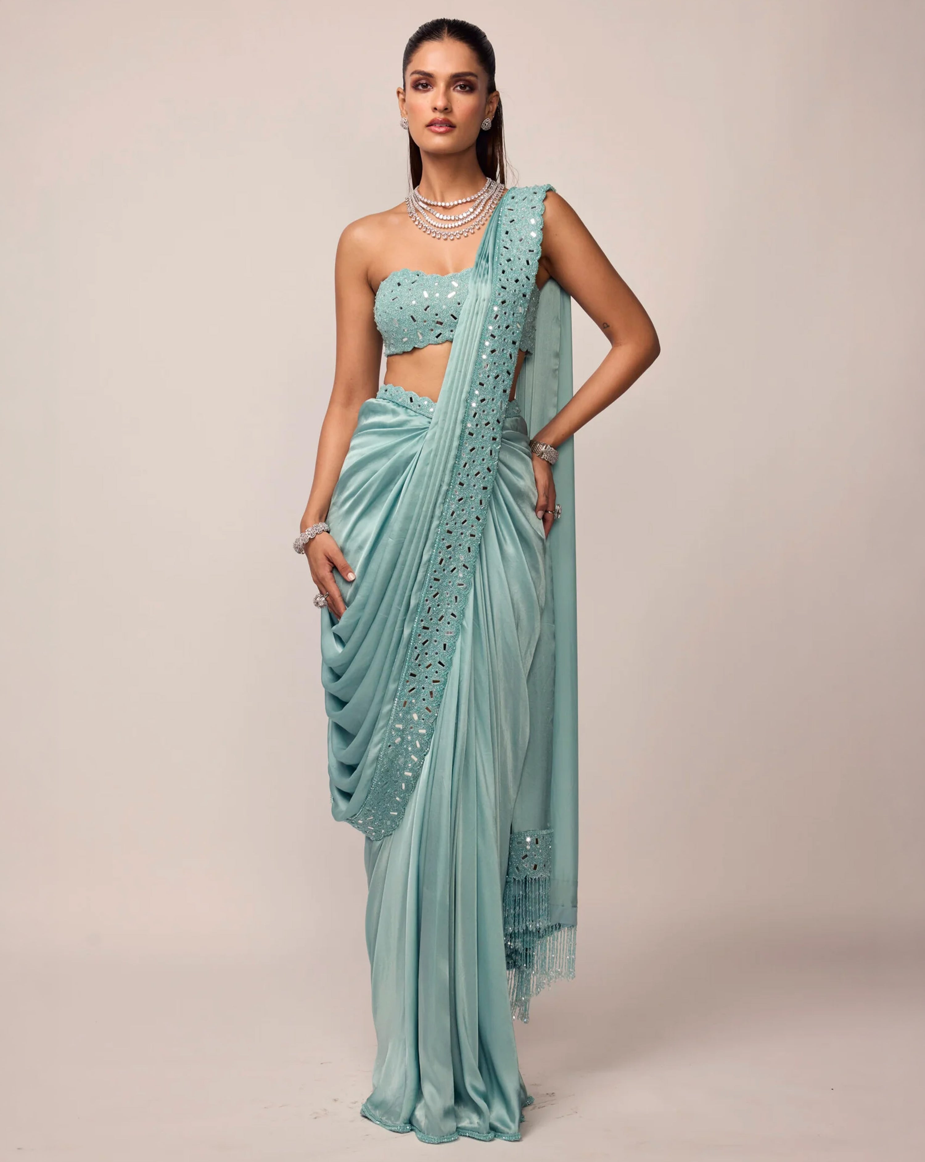Powder Blue Satin Draped Saree Set