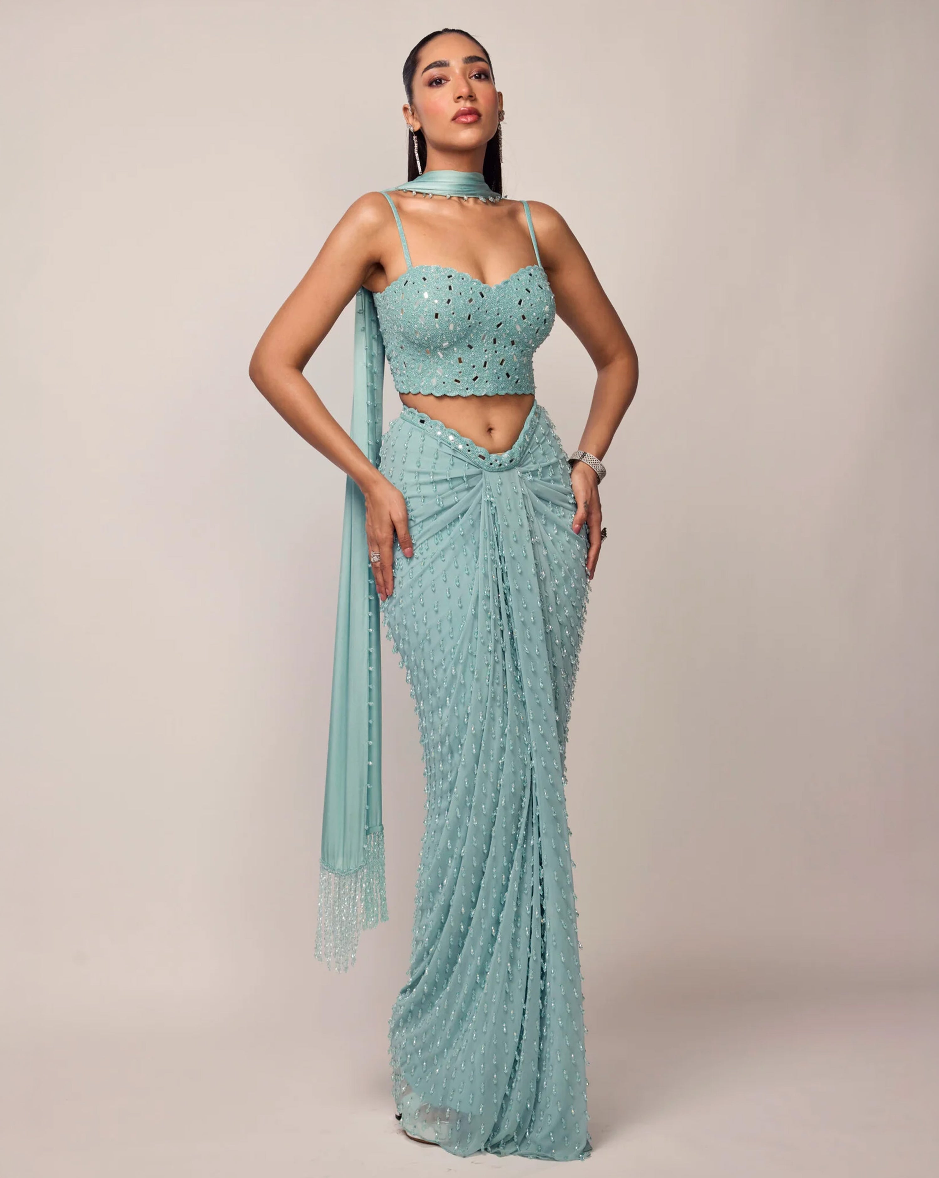 Powder Blue Single Drop Draped Skirt Set