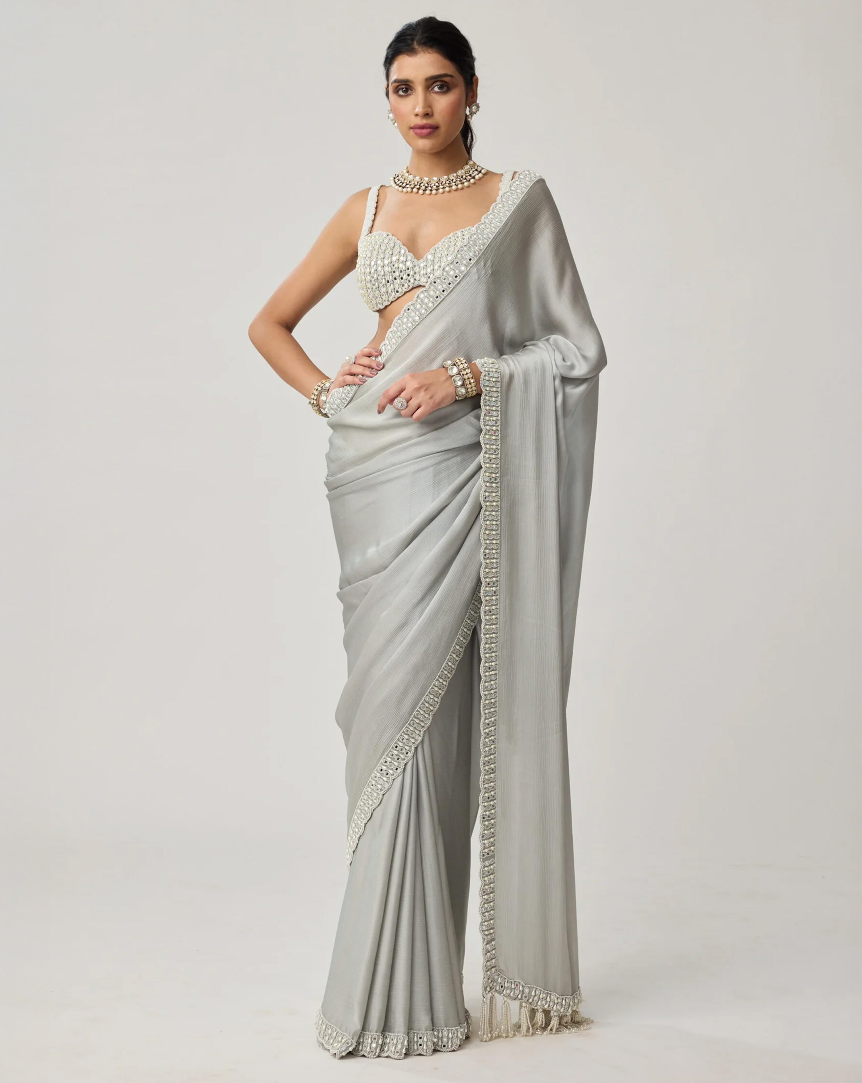 Powder Grey Chiffon Pearl and Mirror Saree Set
