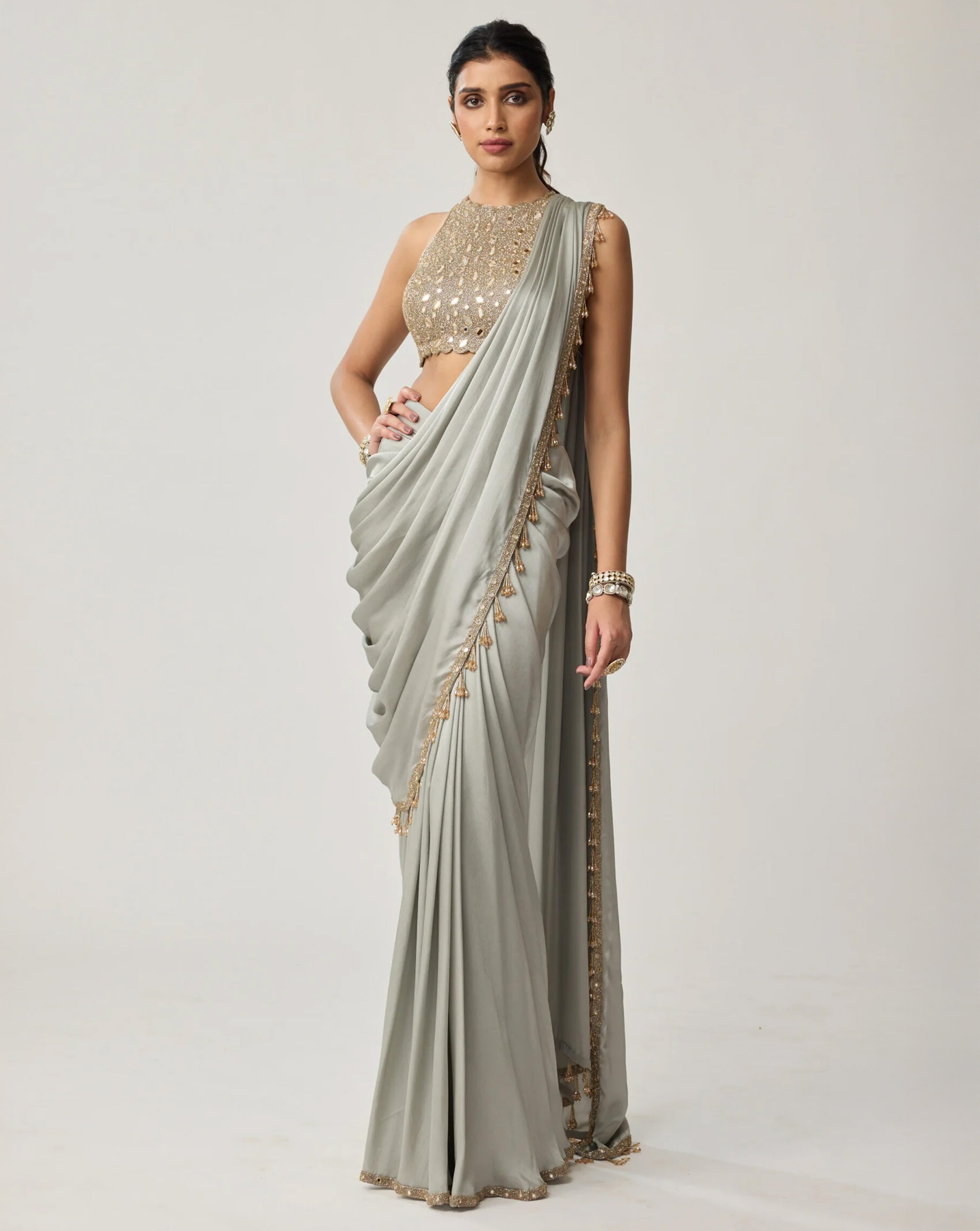 Powder Grey Mirror Satin Saree Set