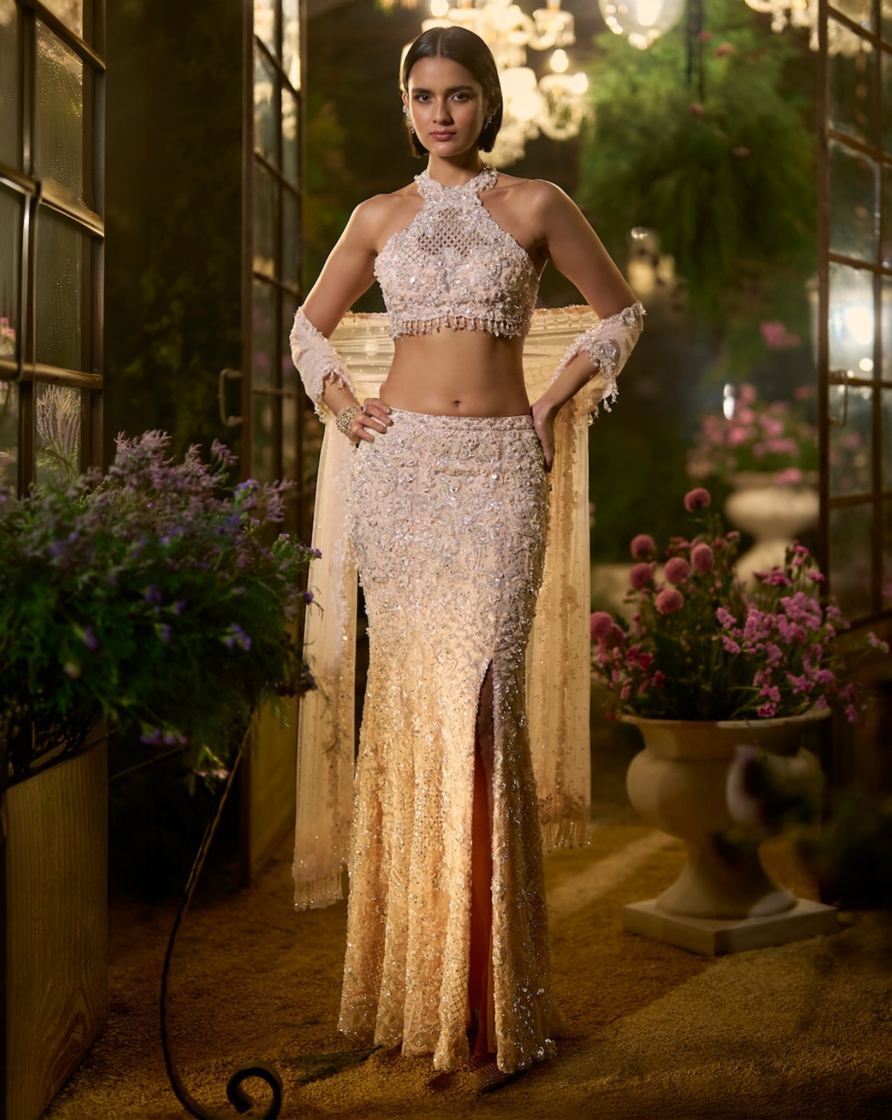 Powder Peach Slit Skirt Set