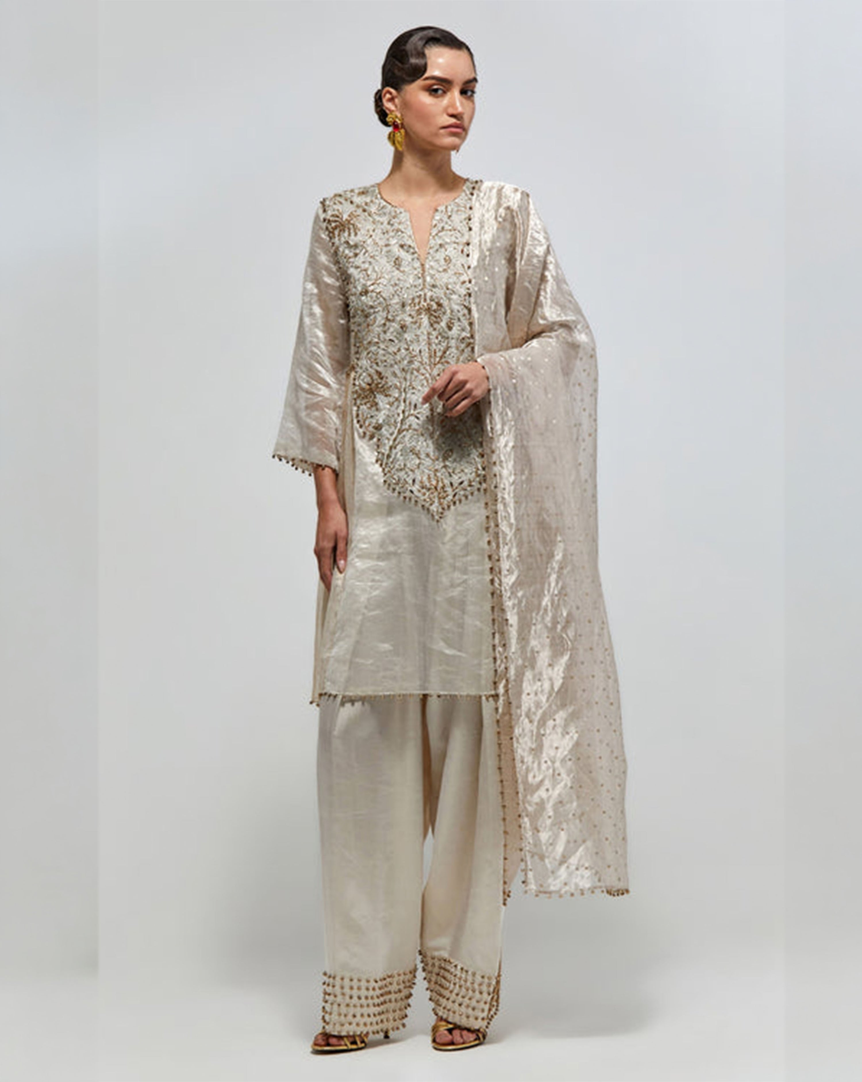 Rangrez Silver Gold Stripe Tissue Embroidered Yoke Kurta With Farshi Salwar And Organza Dupatta