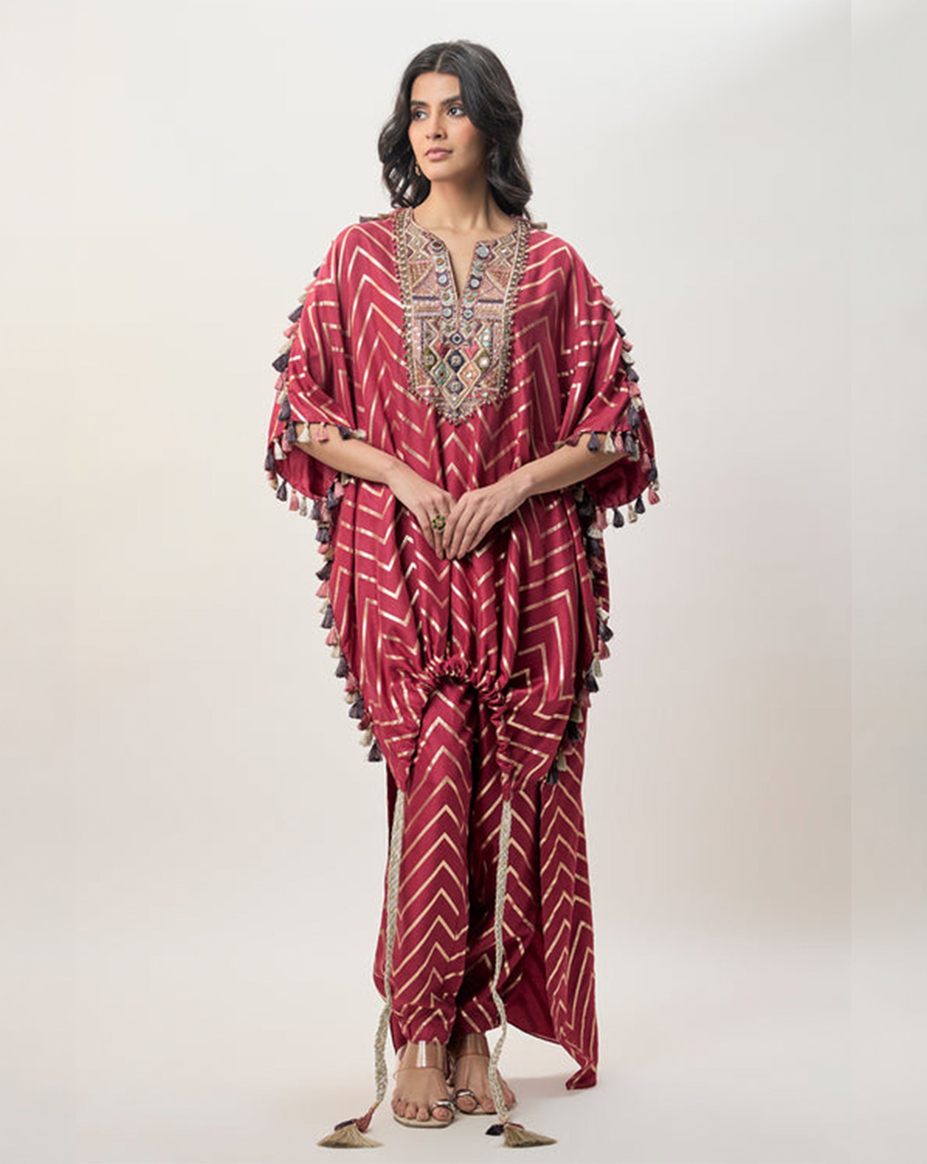 Raniya Cranberry Dola Silk Embroidered Kaftan And Jogger Pant