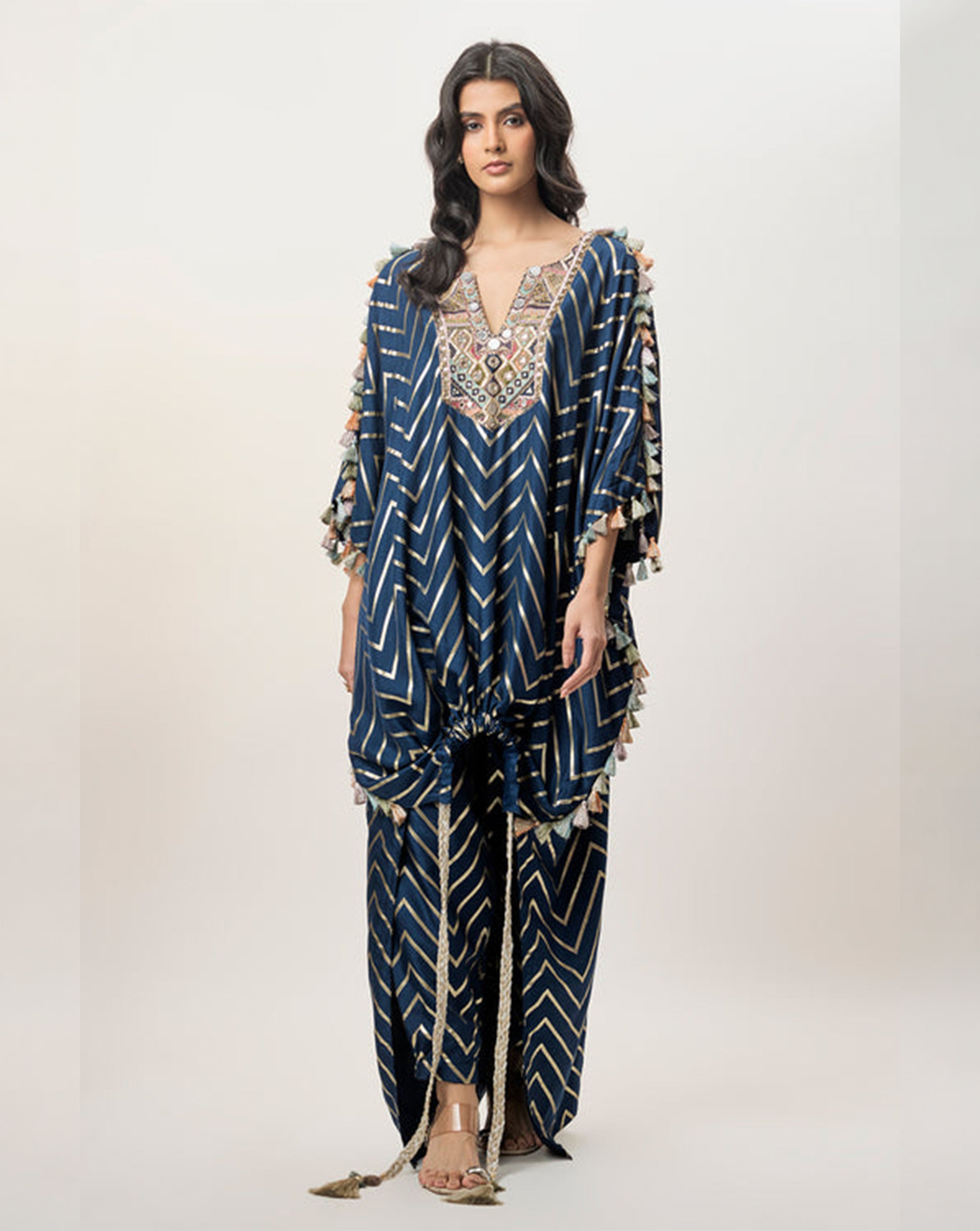 Raniya Navy Blue Dola Silk Embroidered Kaftan And Jogger Pant