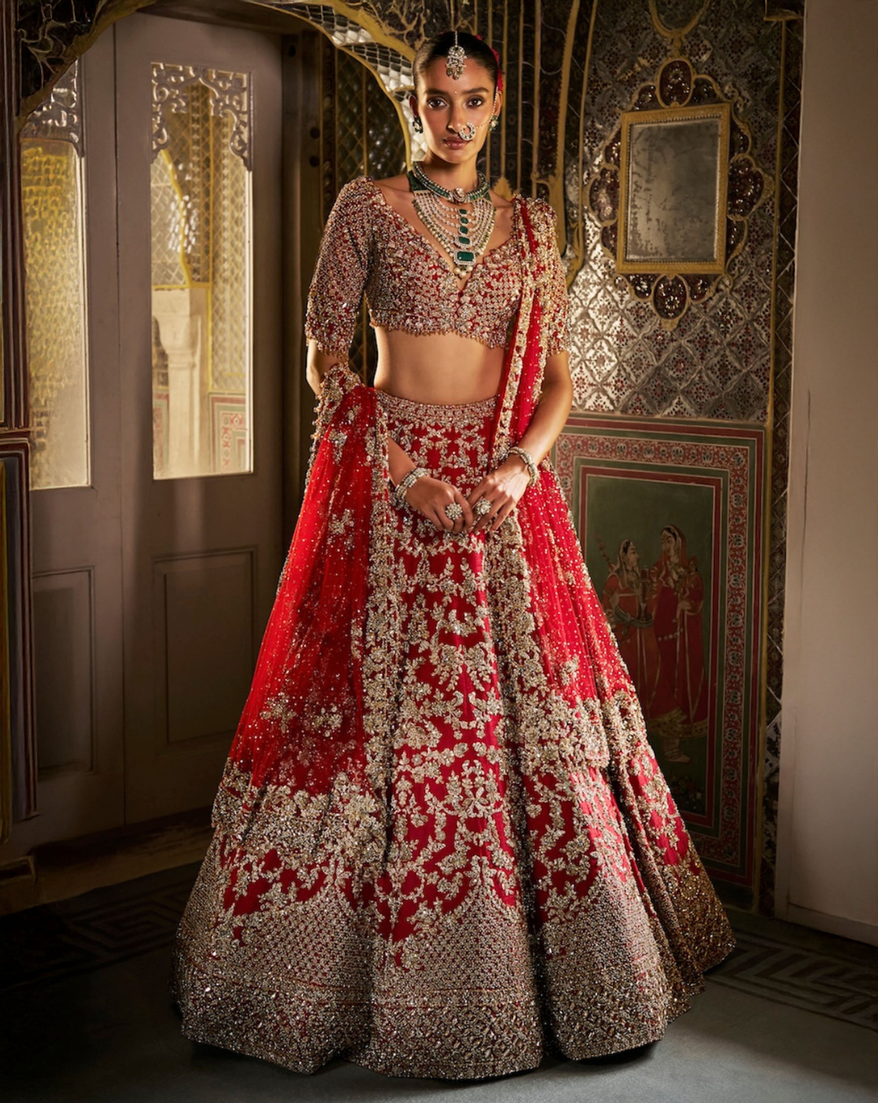 Red Crystal Zardosi Lehenga Set
