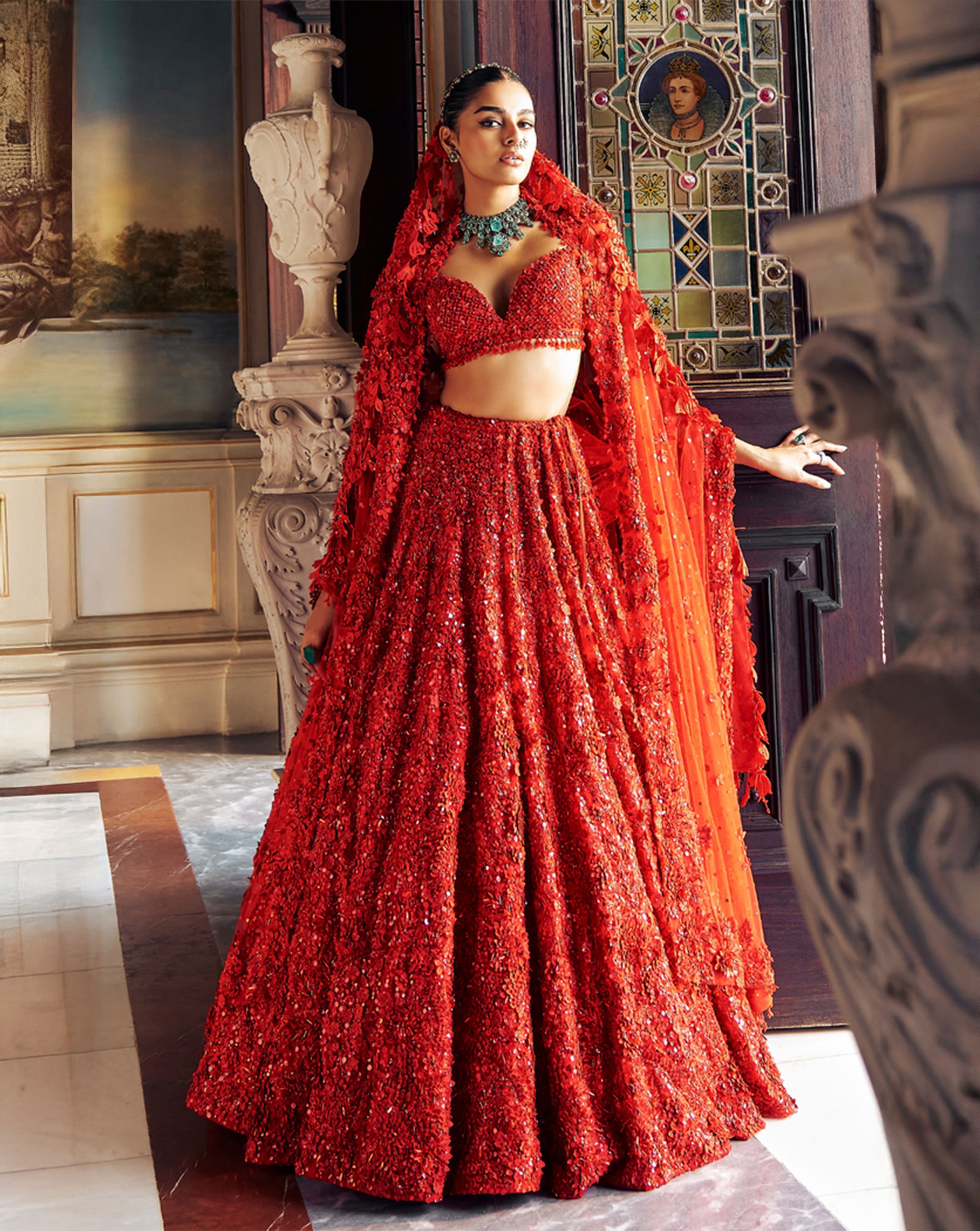 Red Three Dimensional Floral Lehenga Set