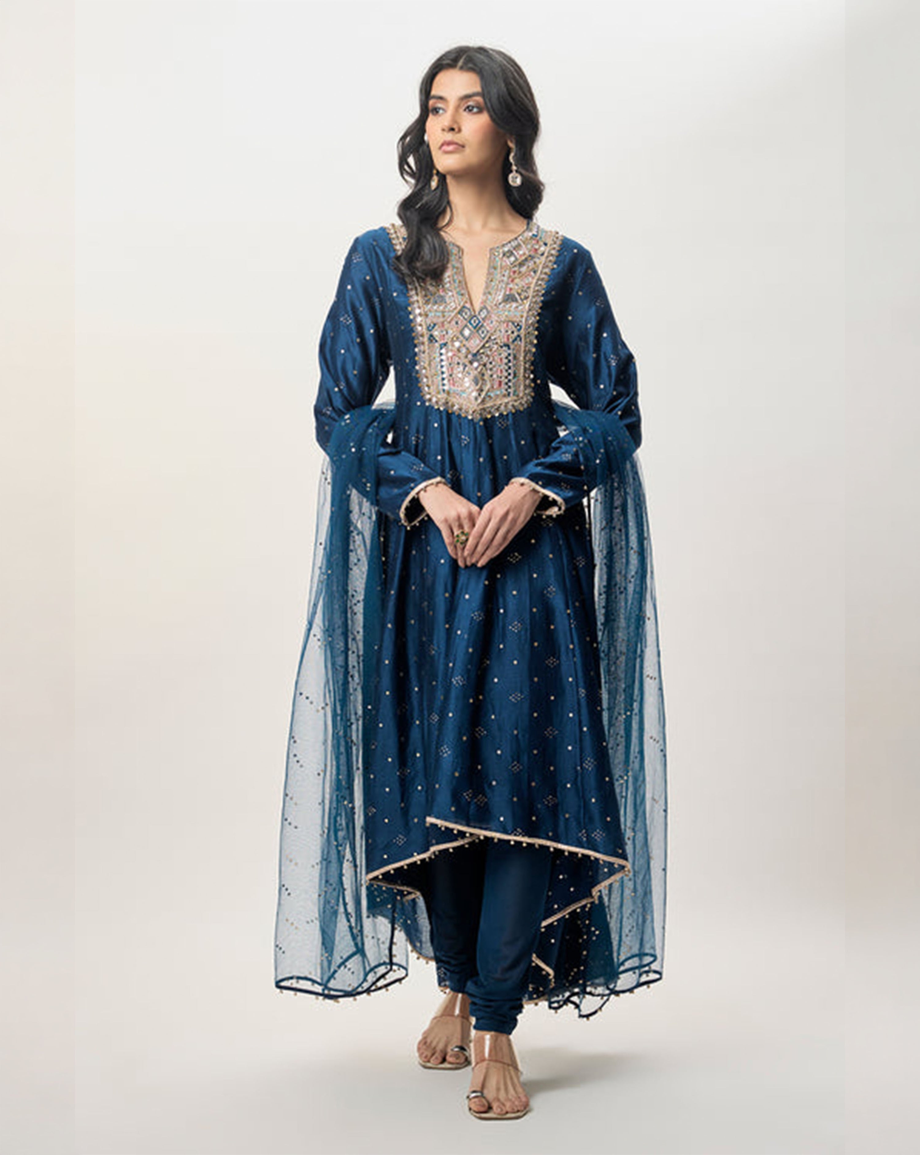 Ria Navy Blue Mukaish Silkmul Embroidered Anarkali With Churidar And Mukaish Net Dupatta