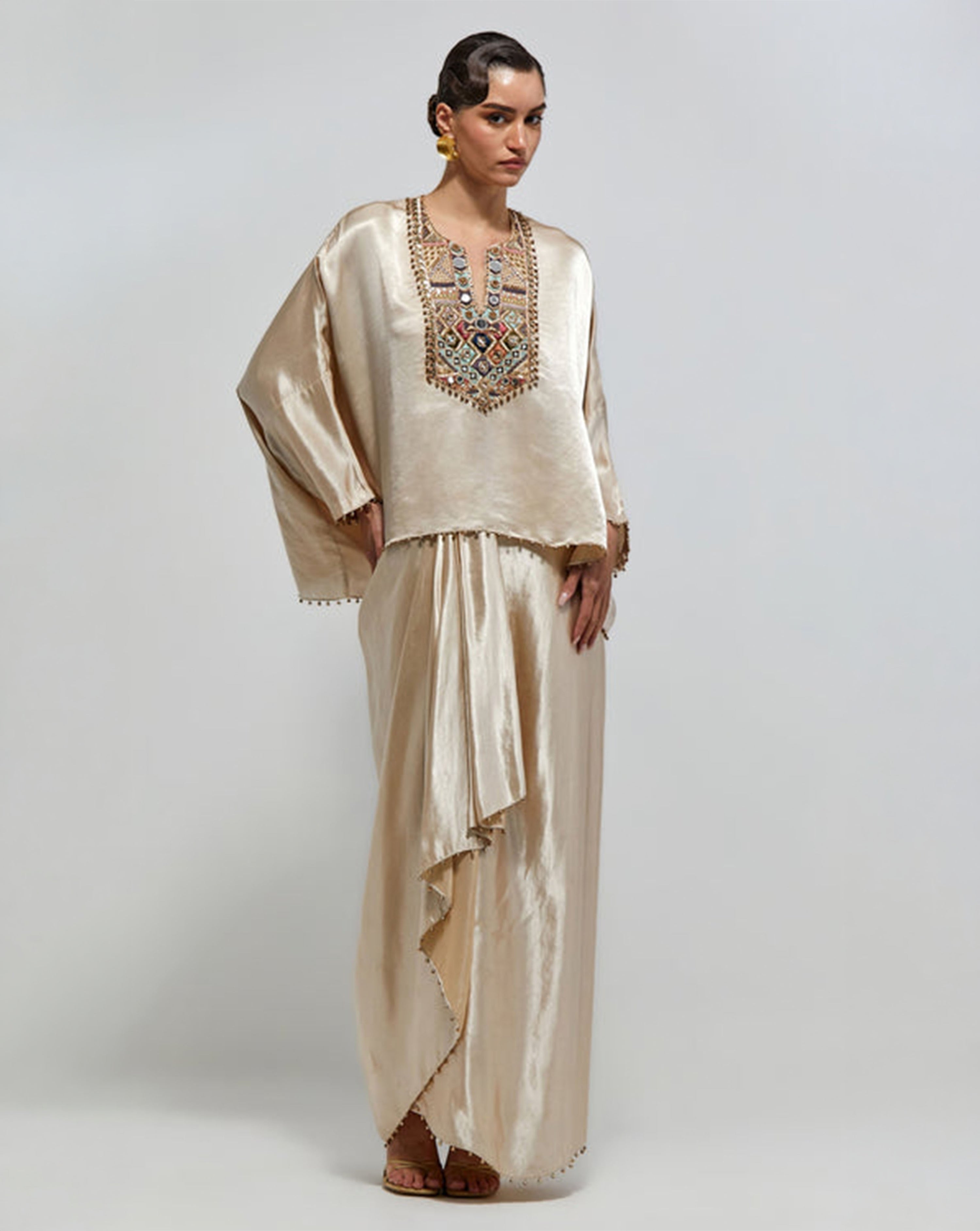 Risa Champagne Modal Satin Embroidered Yoke Top And Lungi Skirt