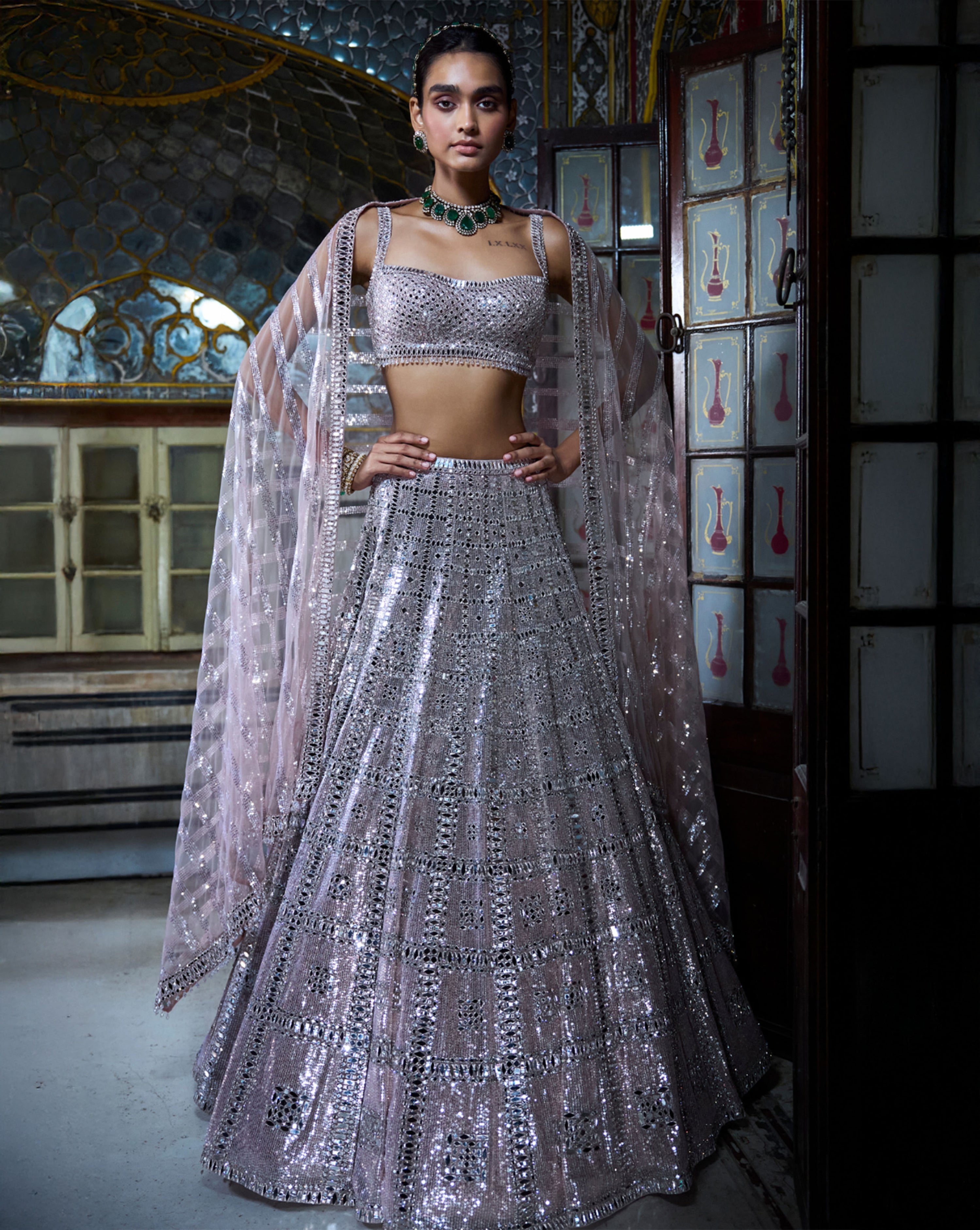 Rose Gold Mirror Work Lehenga Set