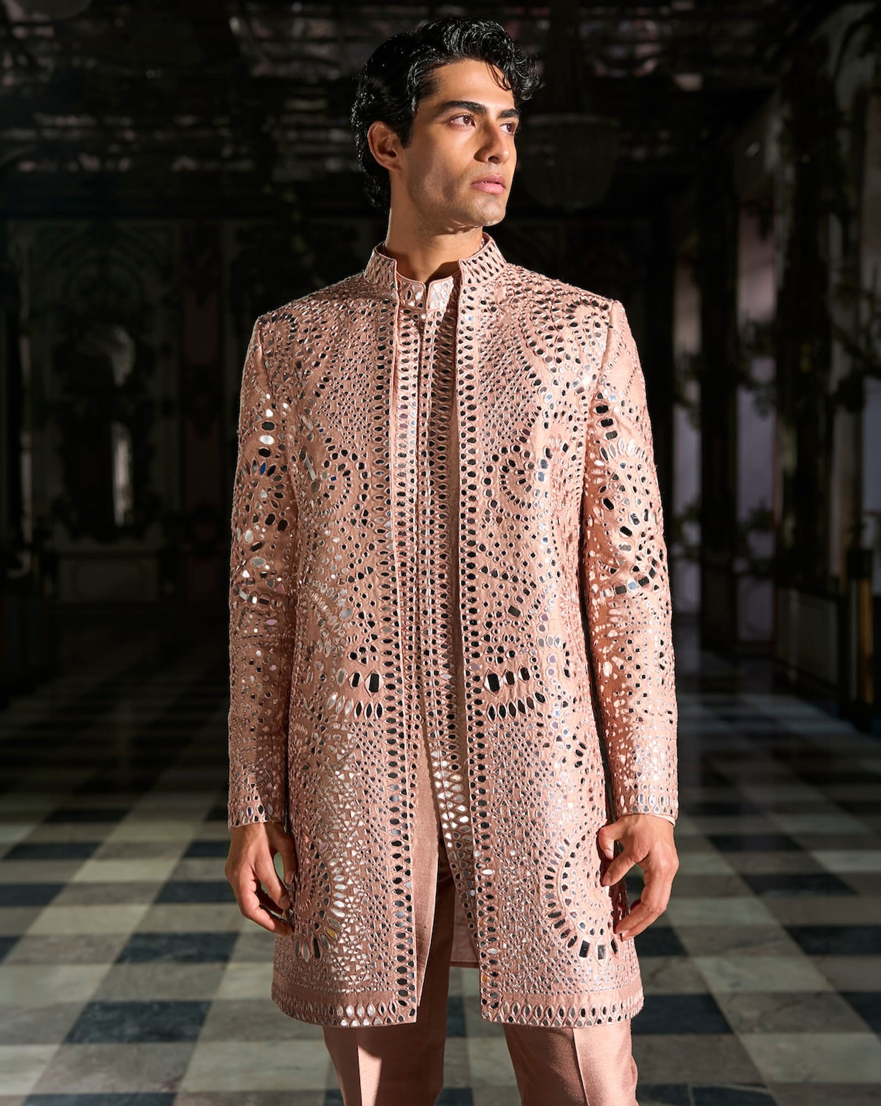 Rose Gold Mirror Work Sherwani Set