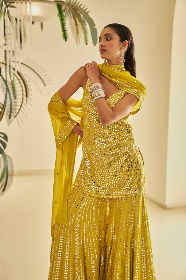 Women lemon yellow mal chenderi Real Mirror With Handwork sharara suit