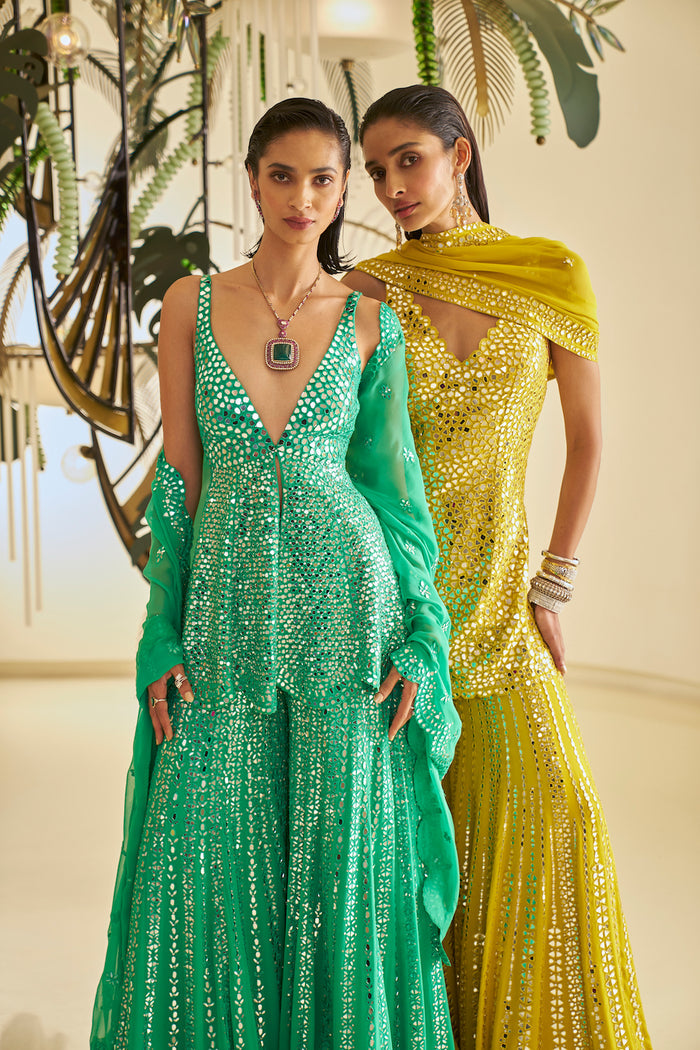 Green Mirror Work Sharara Set