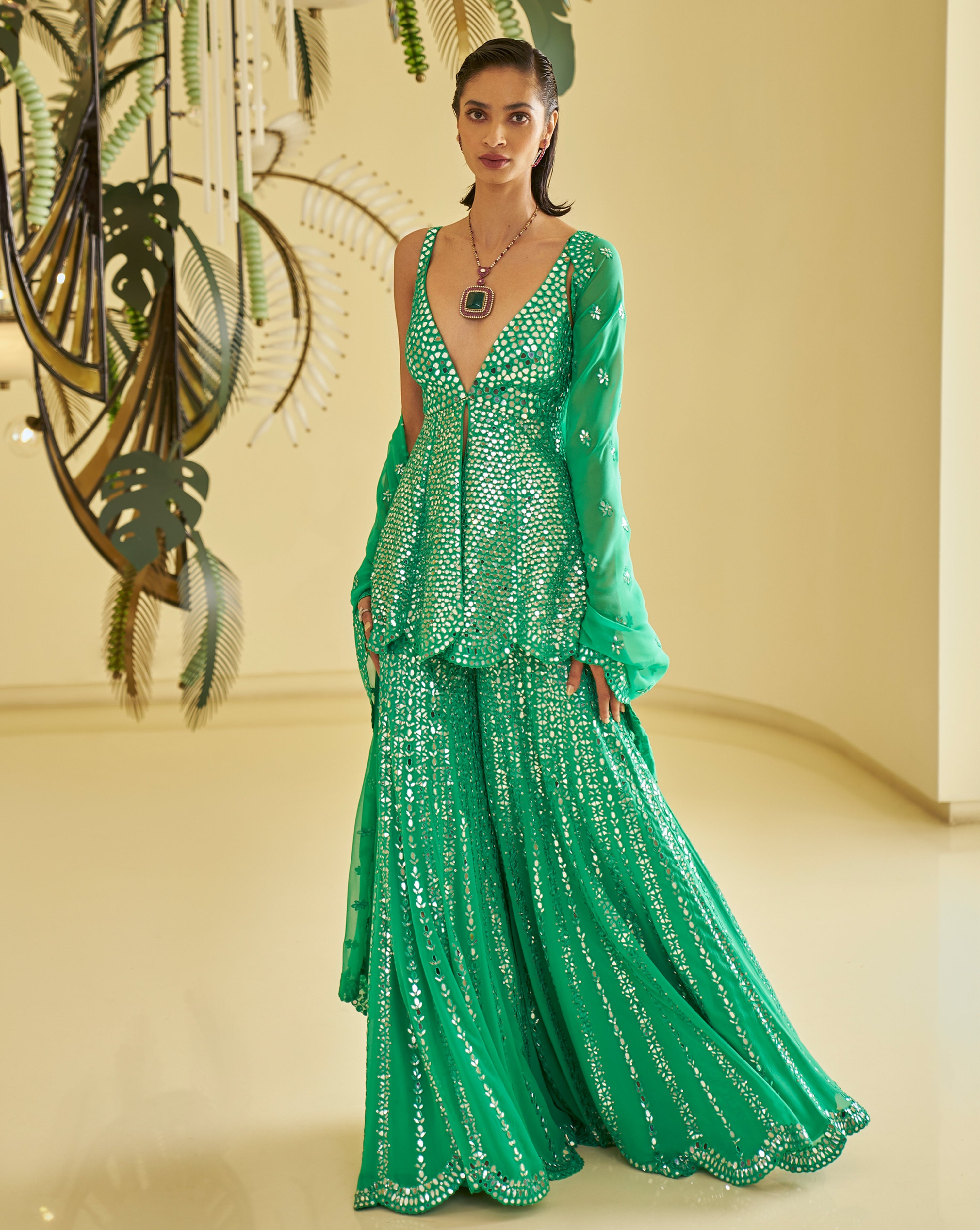 Green Mirror Work Sharara Set