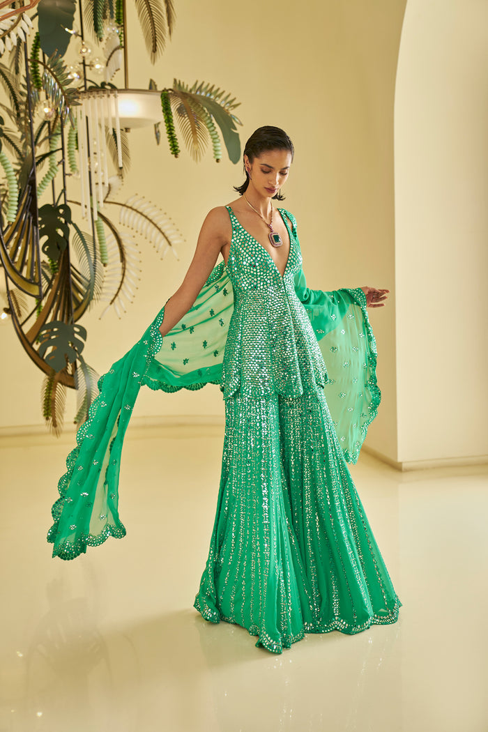 green mirror dress Emerald Green Sequin Cut Glass Mirror Long Prom Dress with Slit Modsele