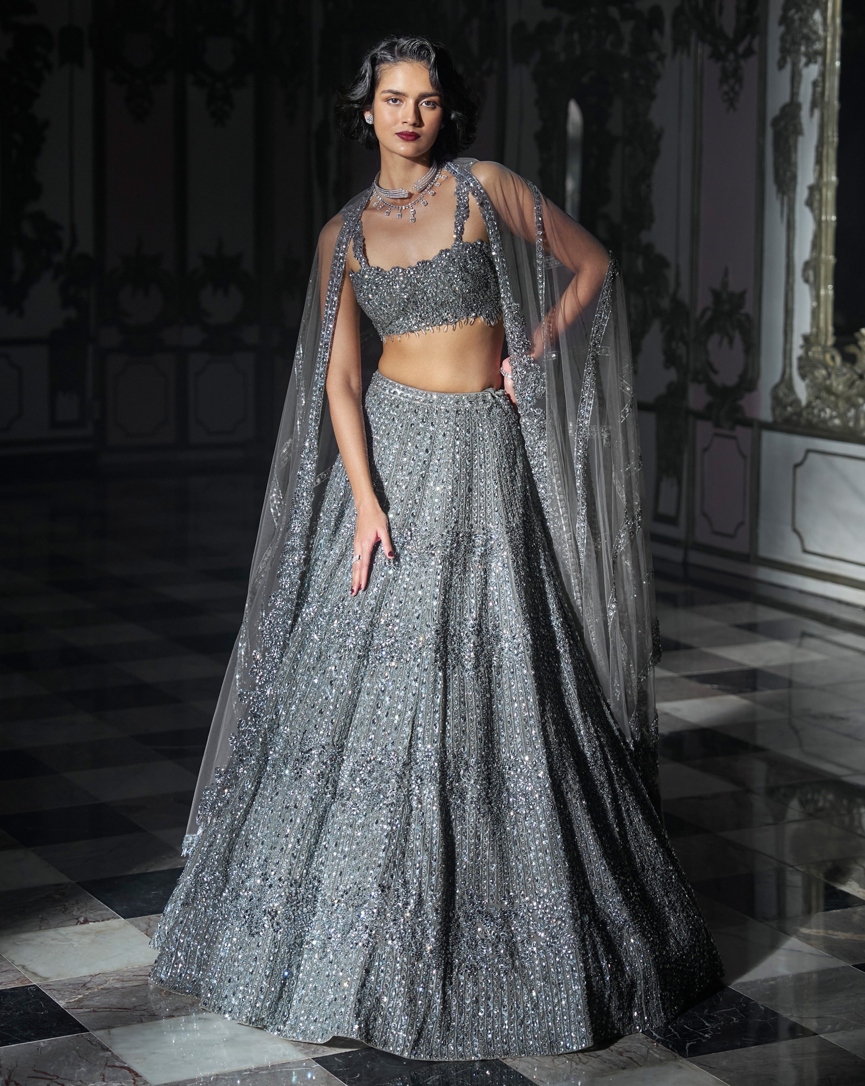 Dark Grey Sequin Lehenga Set