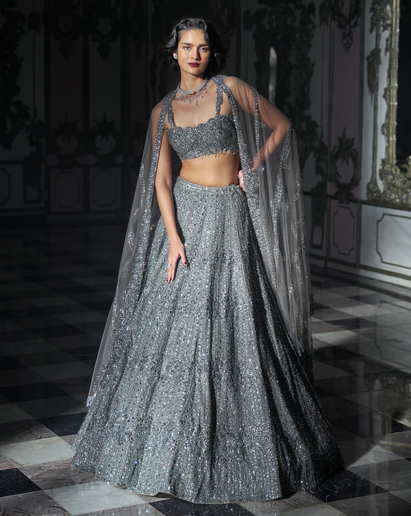 Dark Grey Chandelier Pearl Drop Lehenga Set