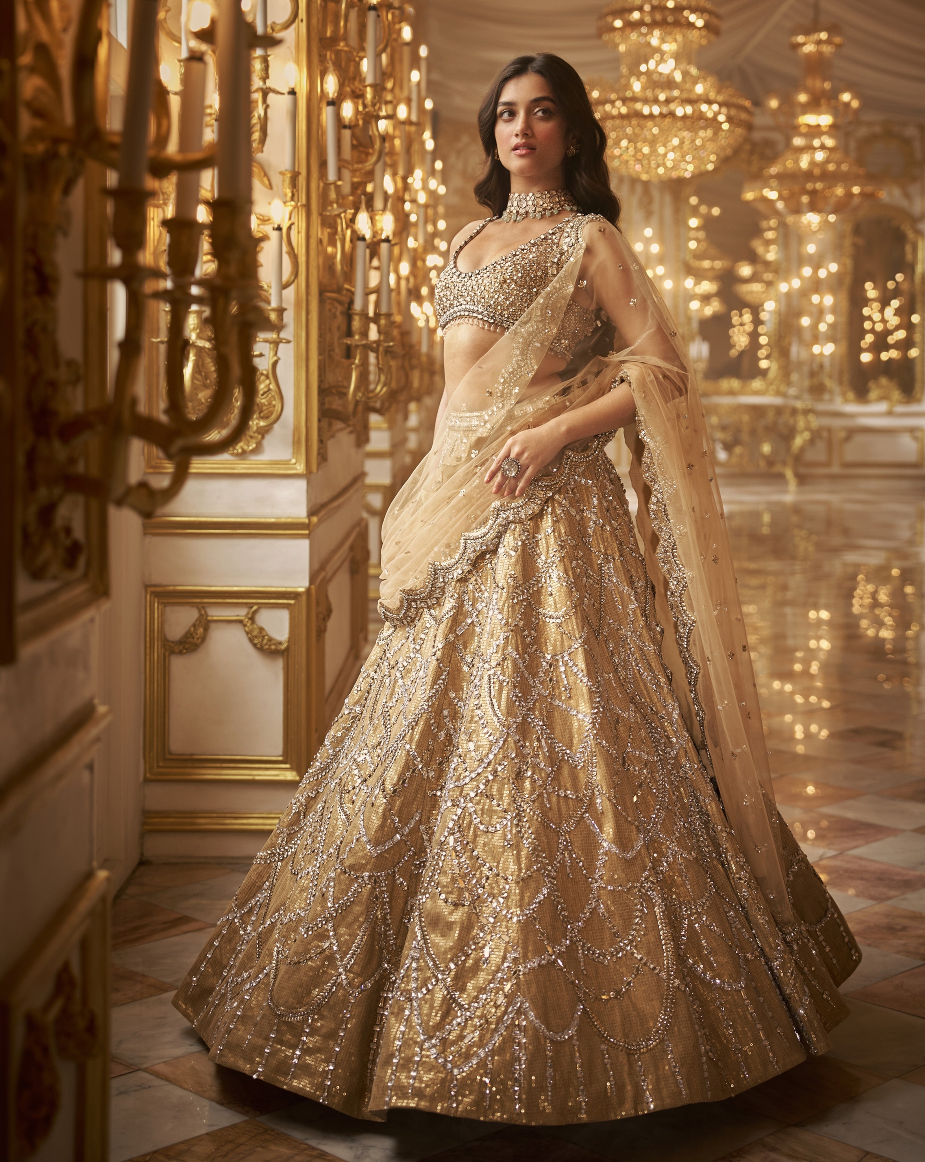 Buy Gold Bridal Lehenga Set With Floral Motifs And Sequin Embroidery Kalki  Fashion India