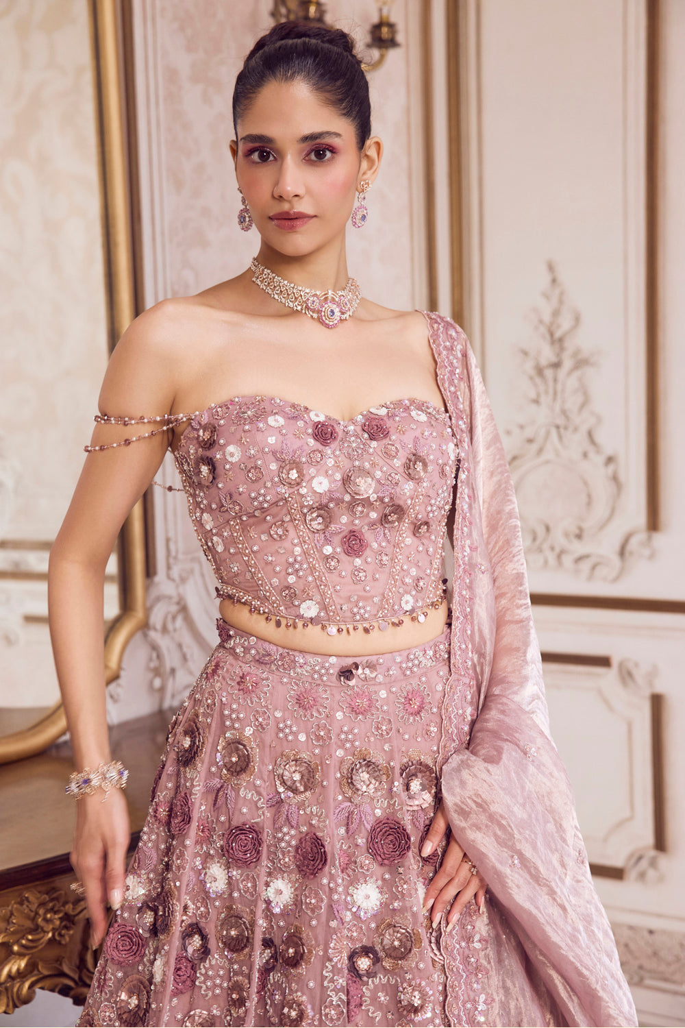 Champagne Rose Lehenga With Corset Set