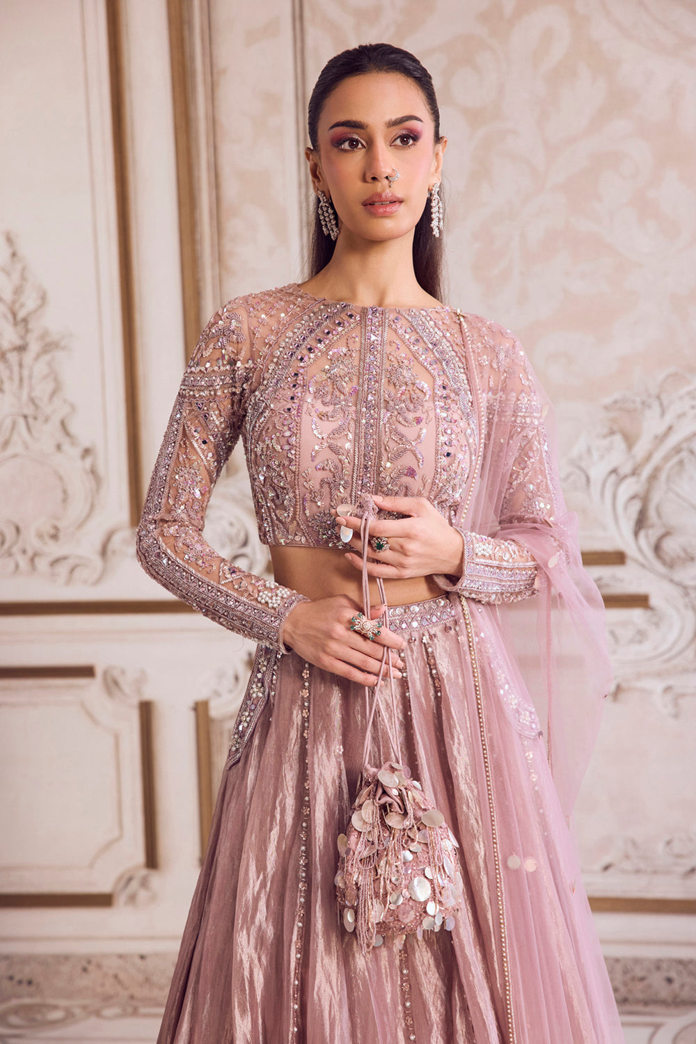 Champagne Rose Tissue Lehenga Set