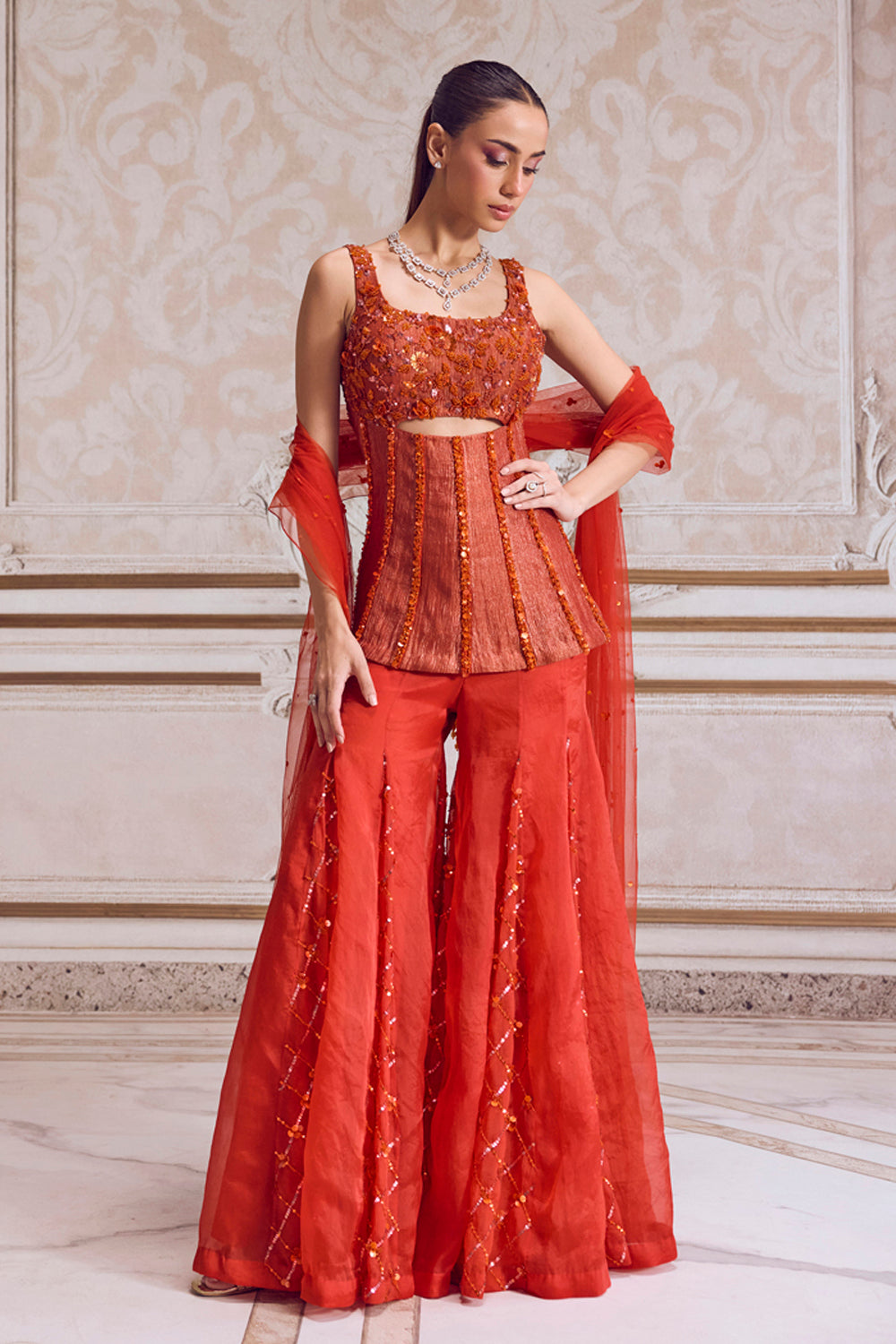 Rust Crushed Tissue Corset With Organza Sharara Set