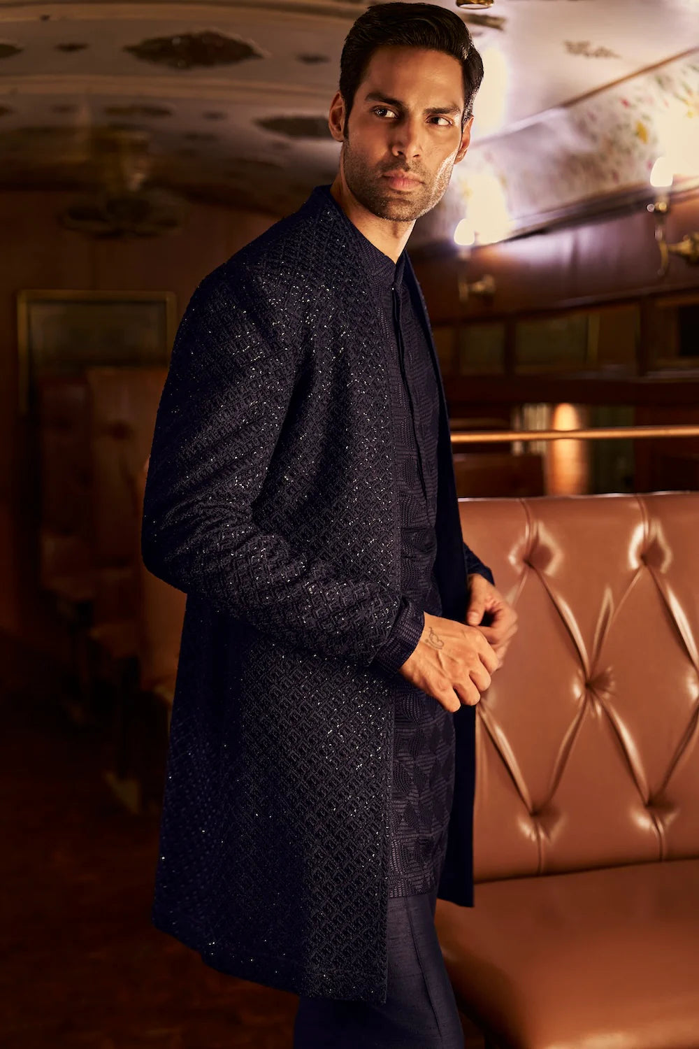 Navy Thread Work Open Sherwani set